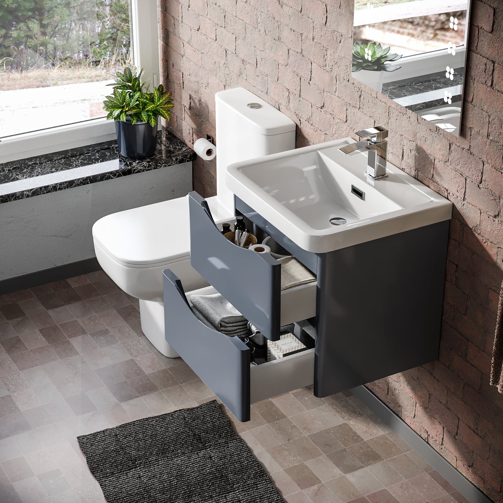 Merton Grey 500mm Wall Hung Vanity Basin Unit & Close Coupled Toilet