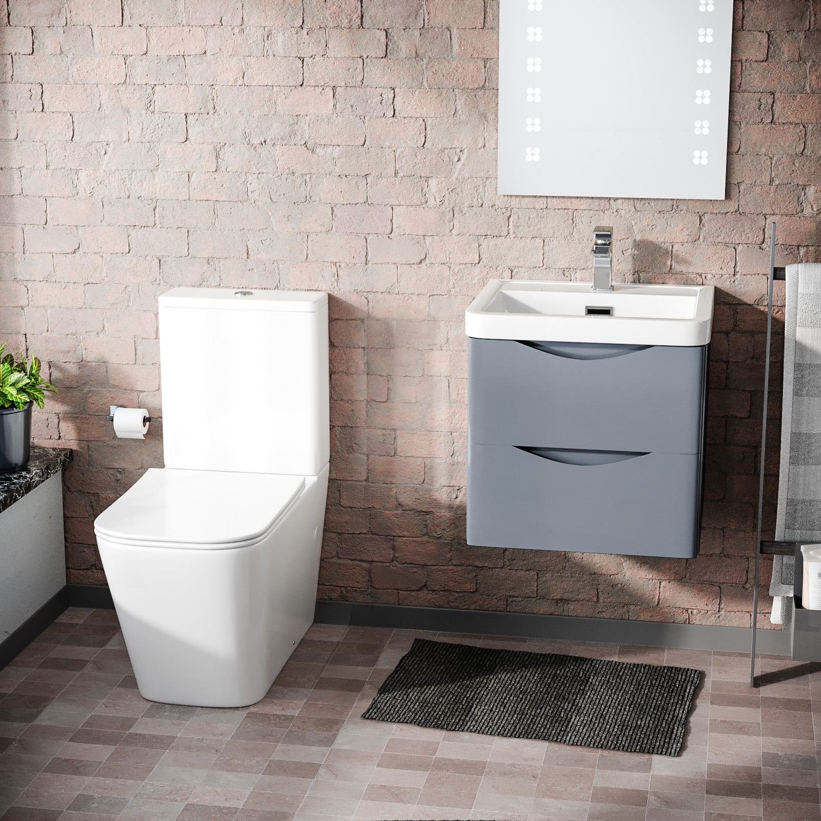 Merton Grey 500mm Wall Hung Vanity Basin Unit & Square Rimless Close Coupled Toilet