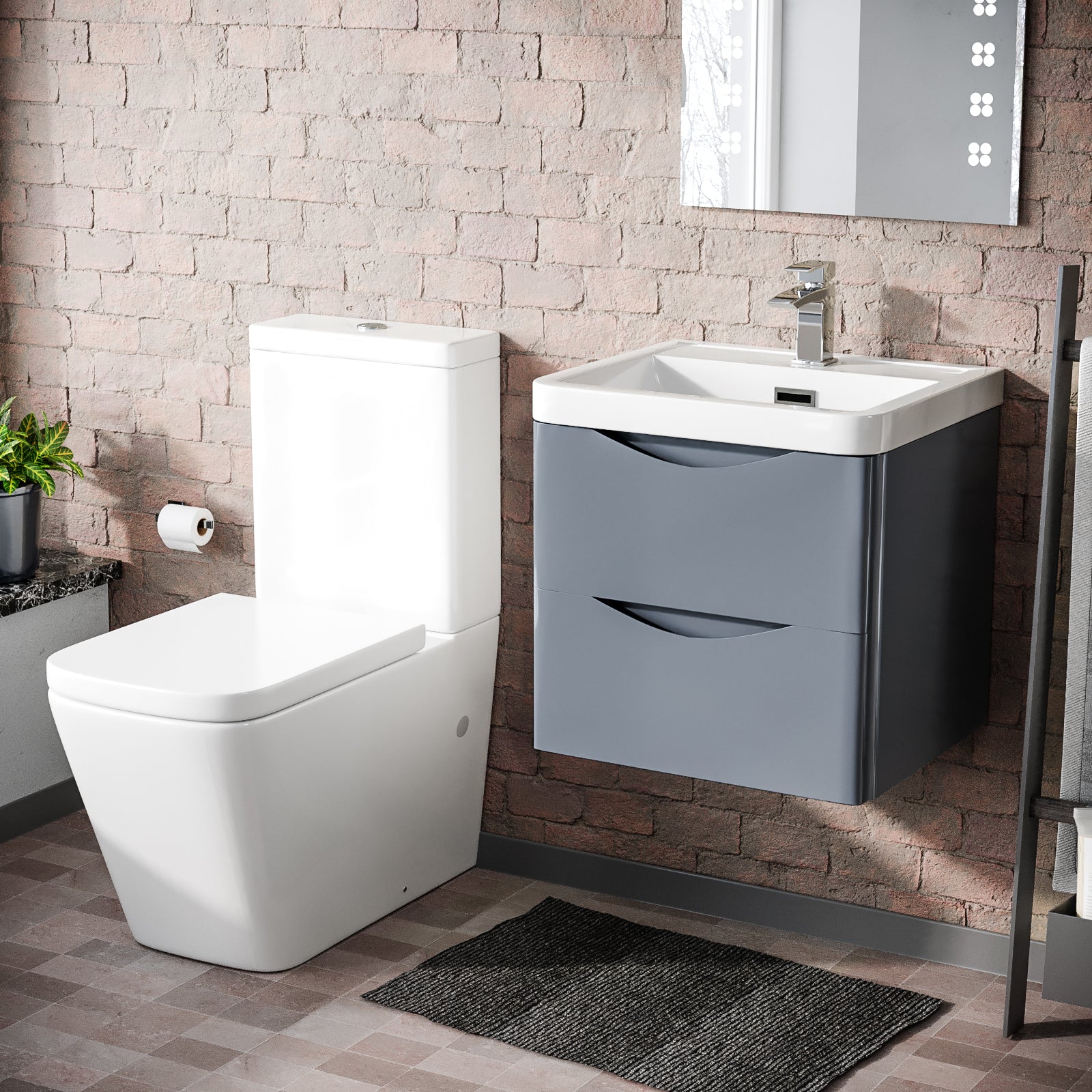Merton Grey 500mm Wall Hung Vanity Basin Unit & Square Rimless Close Coupled Toilet
