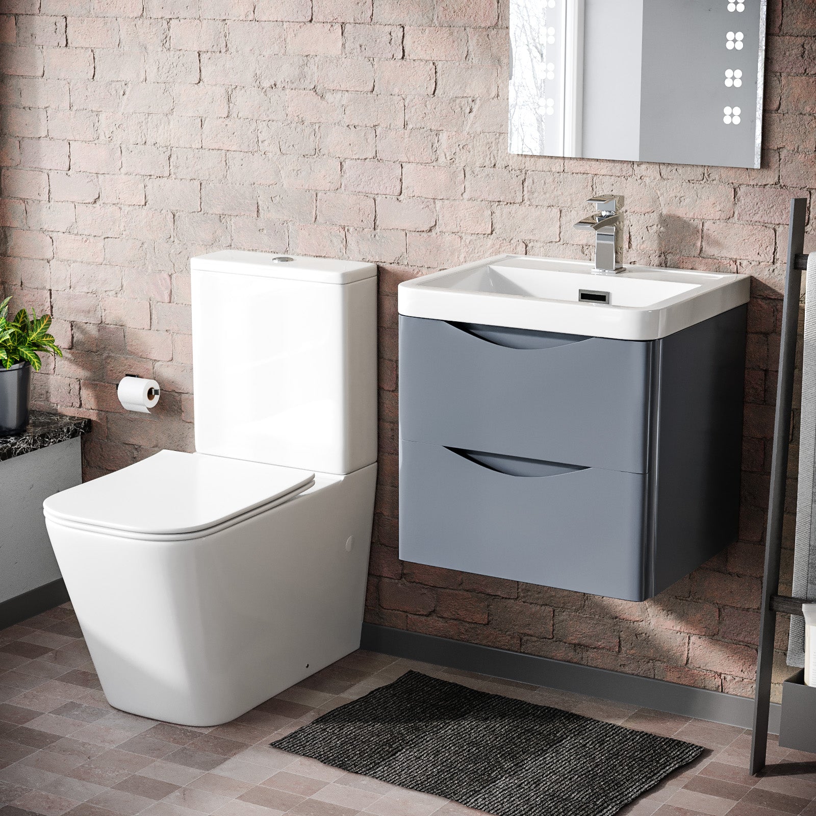 Merton Grey 500mm Wall Hung Vanity Basin Unit & Square Rimless Close Coupled Toilet