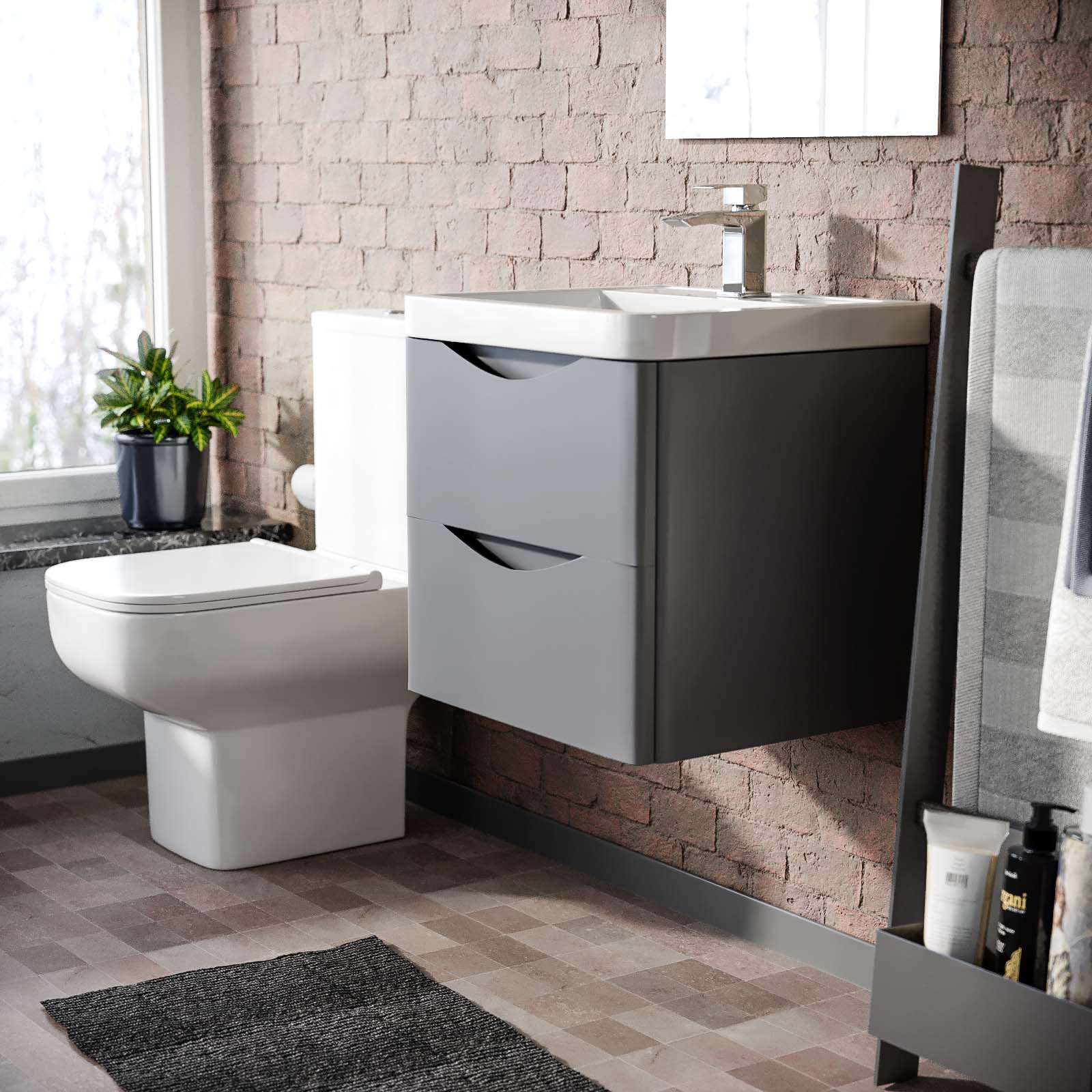 Merton Matte Grey 500mm Wall Hung Vanity Unit 2 Drawer & White Resin Basin