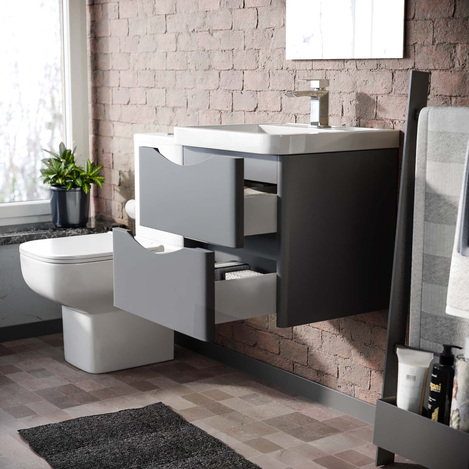 Merton Matte Grey 500mm Wall Hung Vanity Unit 2 Drawer & White Resin Basin