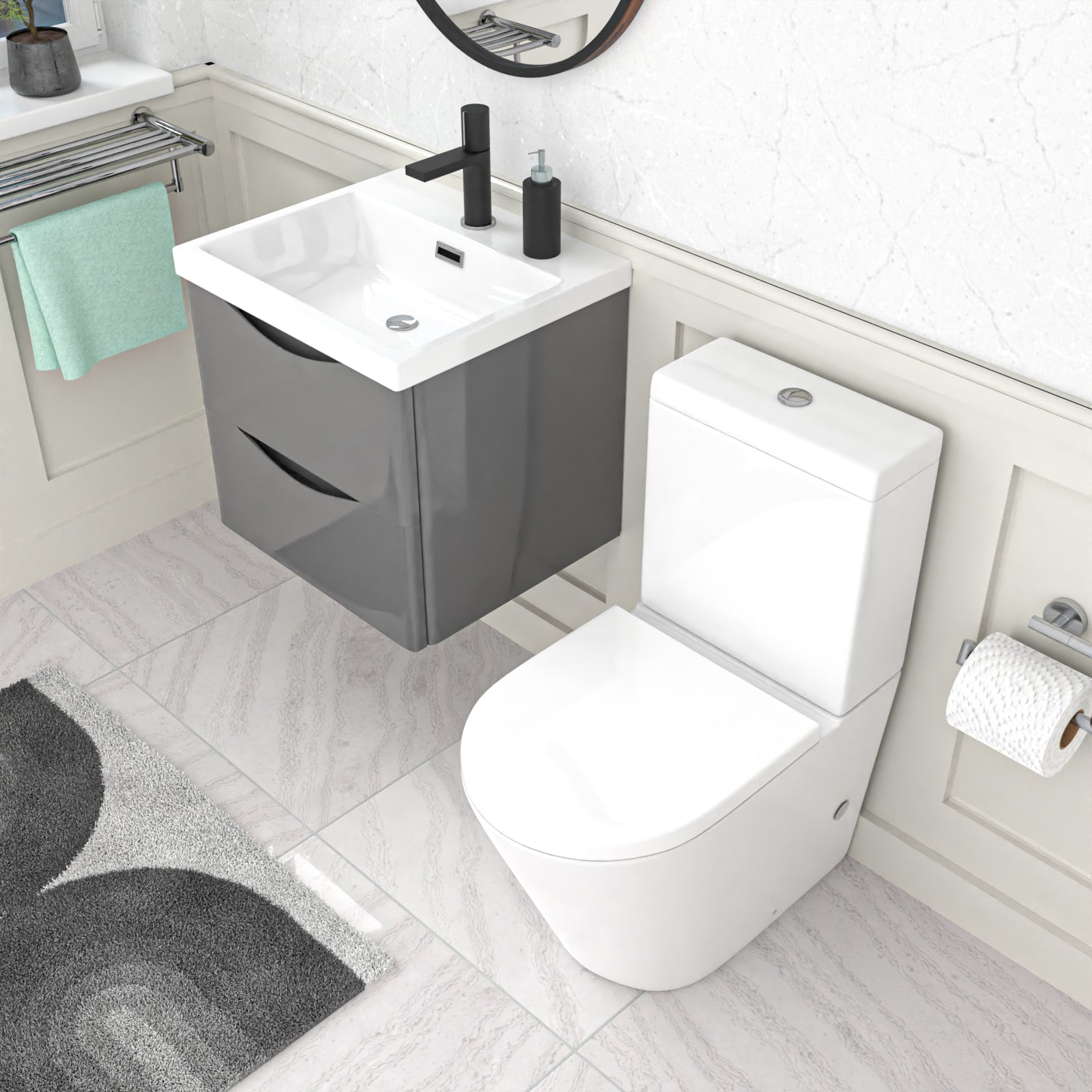 Merton 500mm Grey Wall Hung Vanity Basin Vanity & Close Coupled Toilet