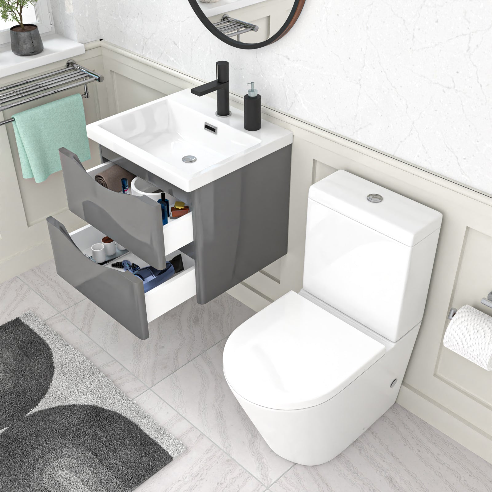Merton 500mm Grey Wall Hung Vanity Basin Vanity & Close Coupled Toilet