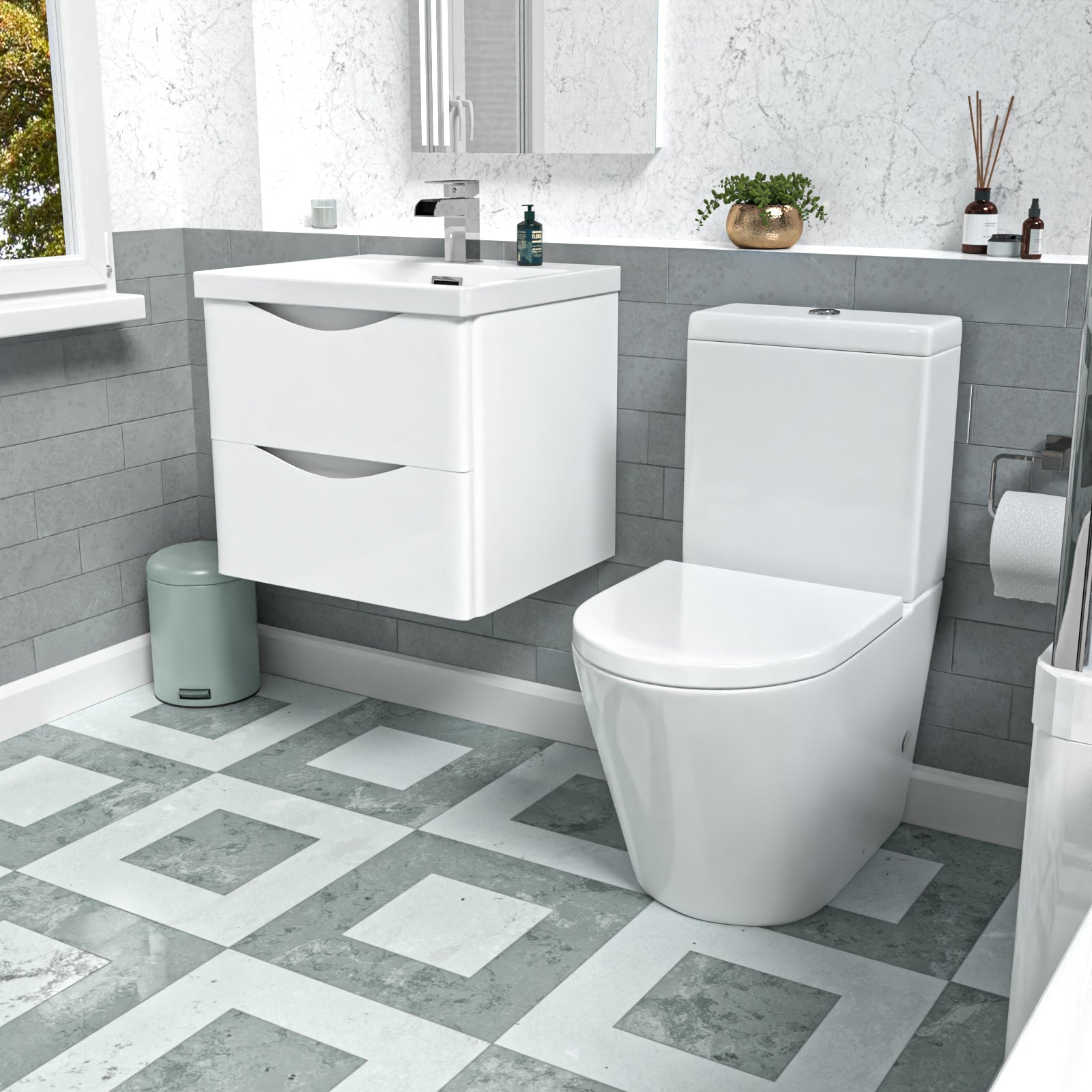 Merton 500mm White Wall Hung Vanity Basin Vanity & Close Coupled Toilet