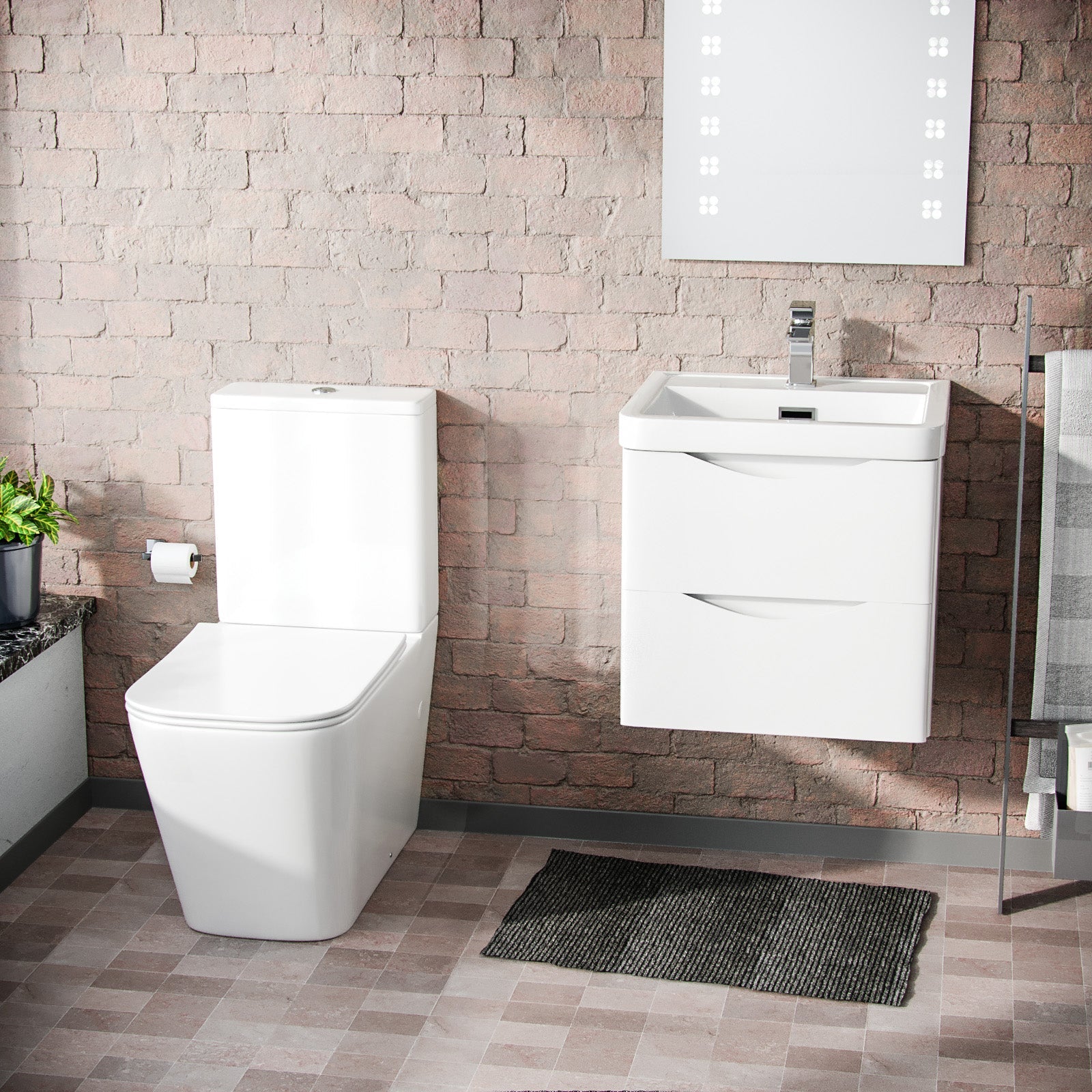 Merton 500mm Wall Hung Vanity Basin Unit & Square Rimless Close Coupled Toilet White Gloss
