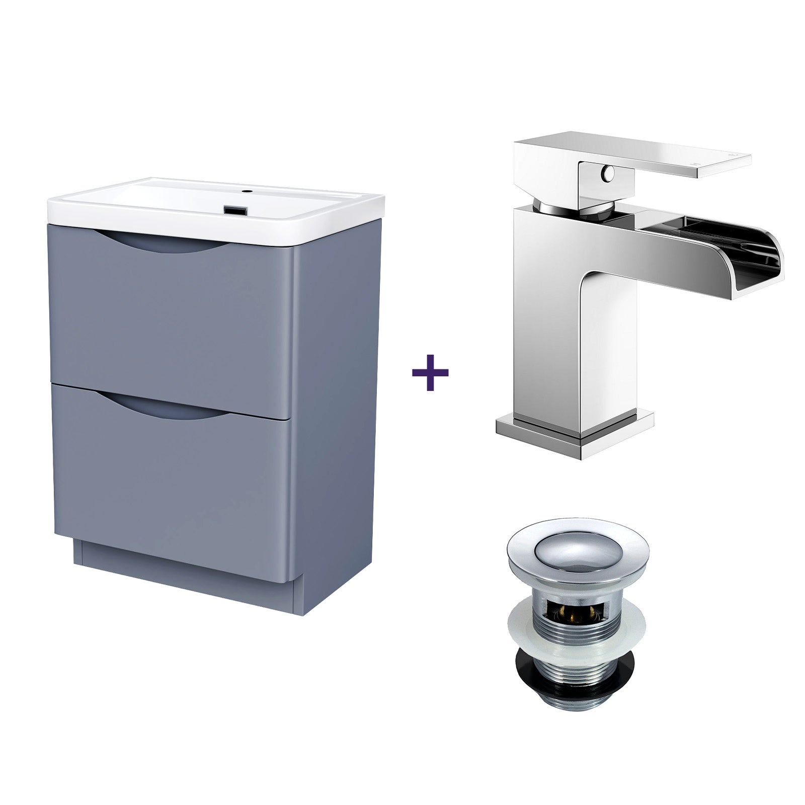 Merton Grey Vanity Cabinet and Basin with a Waterfall Basin Tap and Waste Set