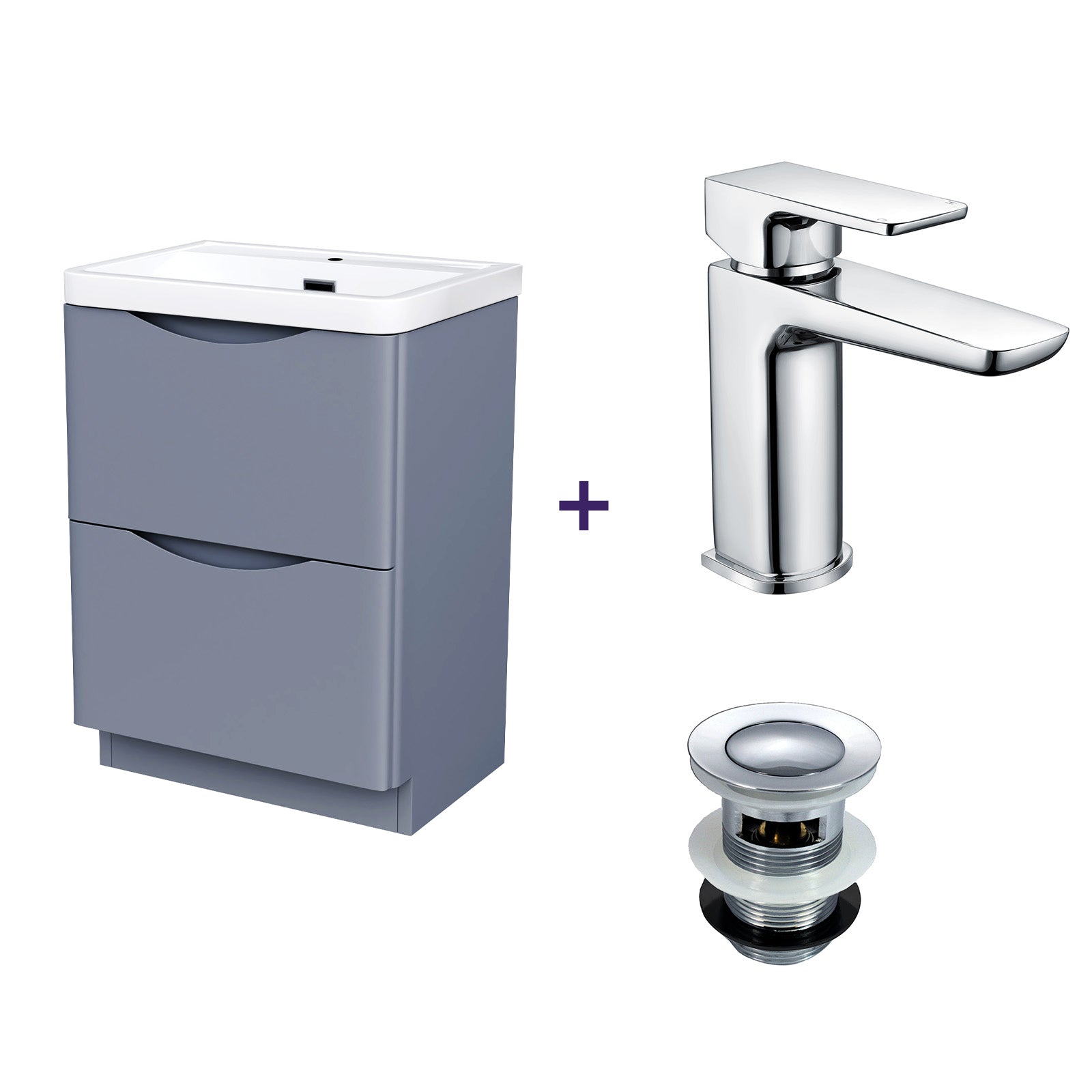 Merton 600mm Grey Vanity Cabinet and Basin Mixer Tap with Waste Set