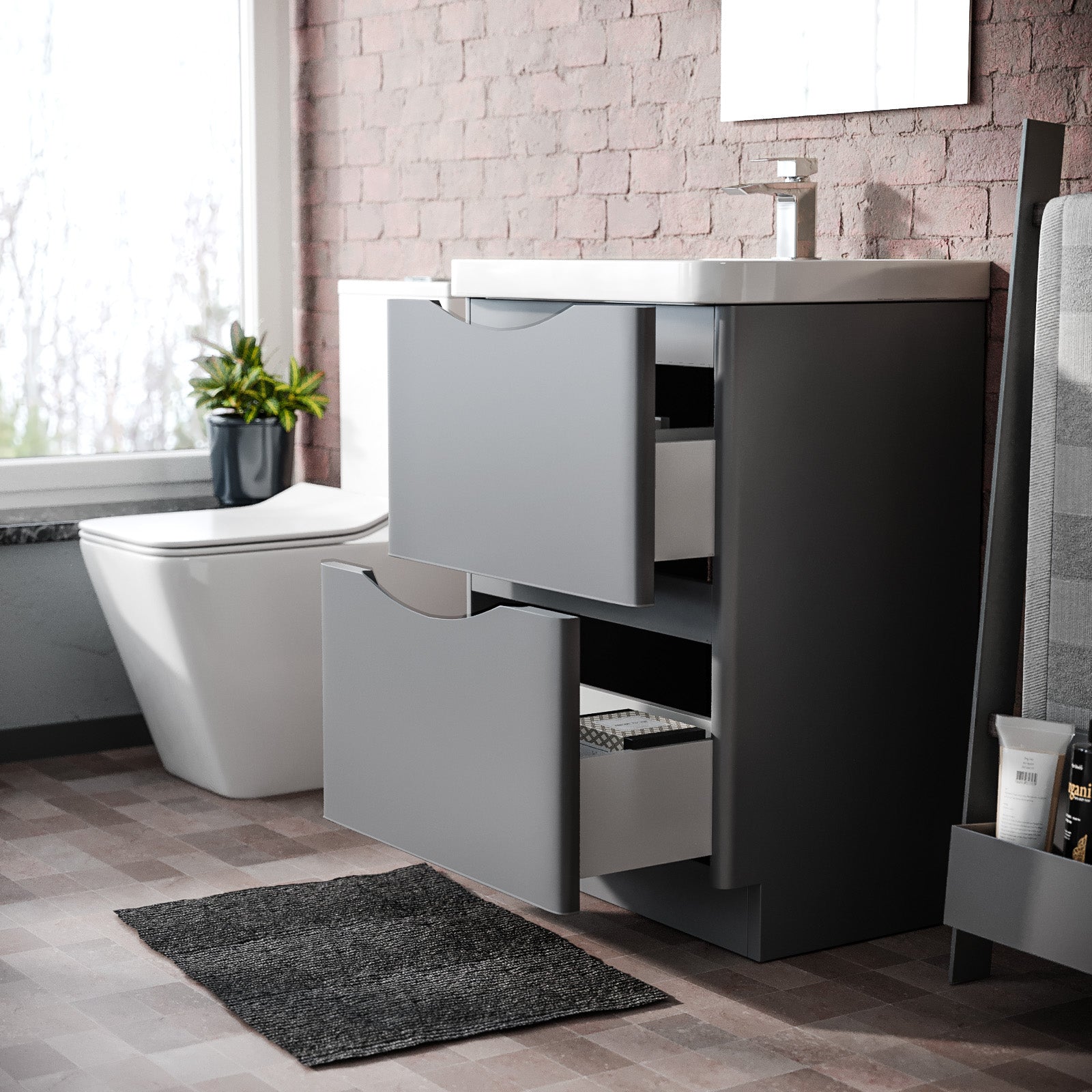Merton 600mm Grey Vanity Unit with Basin and Waterfall Mono Mixer Tap and Waste Set