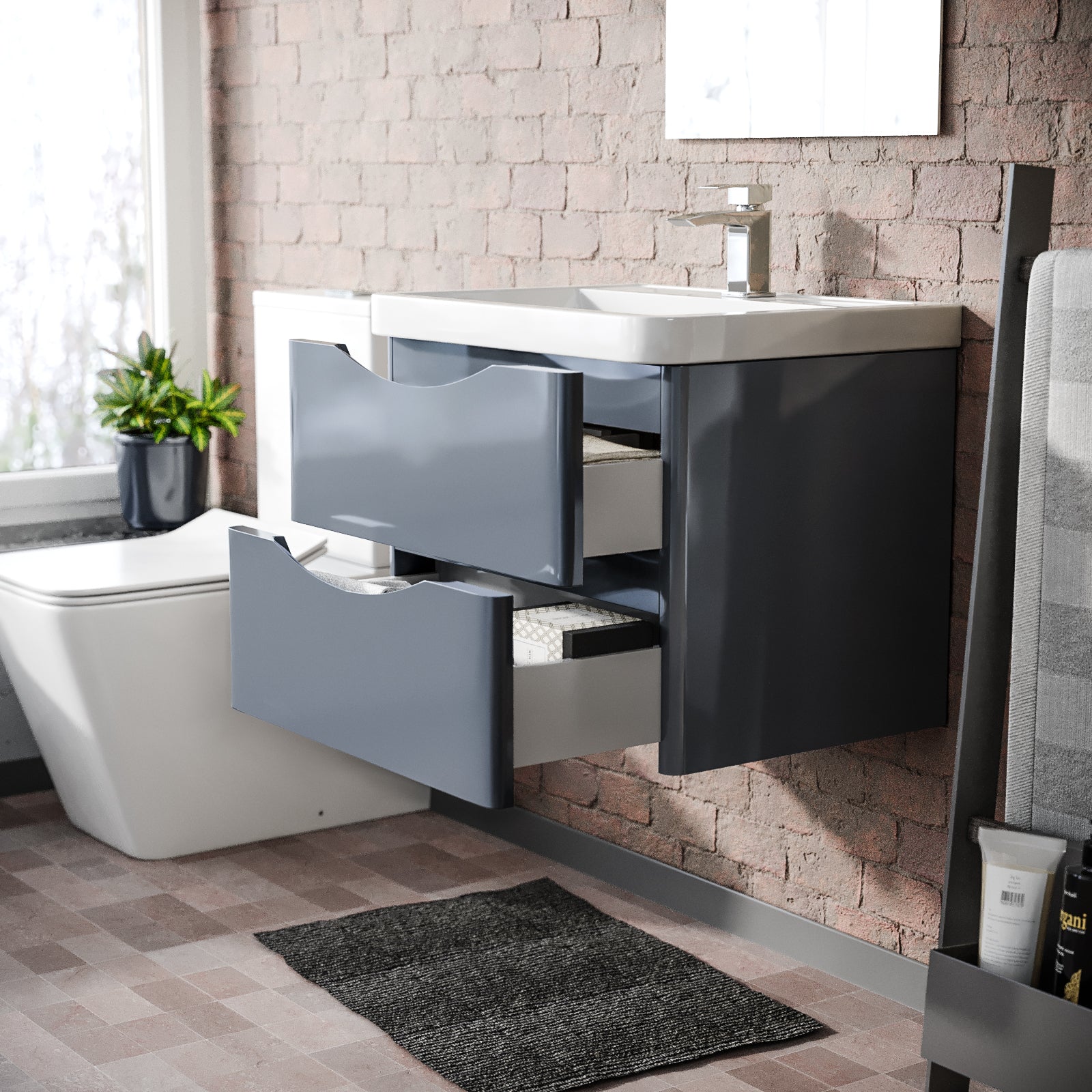 Merton Steel Grey 600mm Gloss Bathroom Wall Hung Basin Vanity Unit