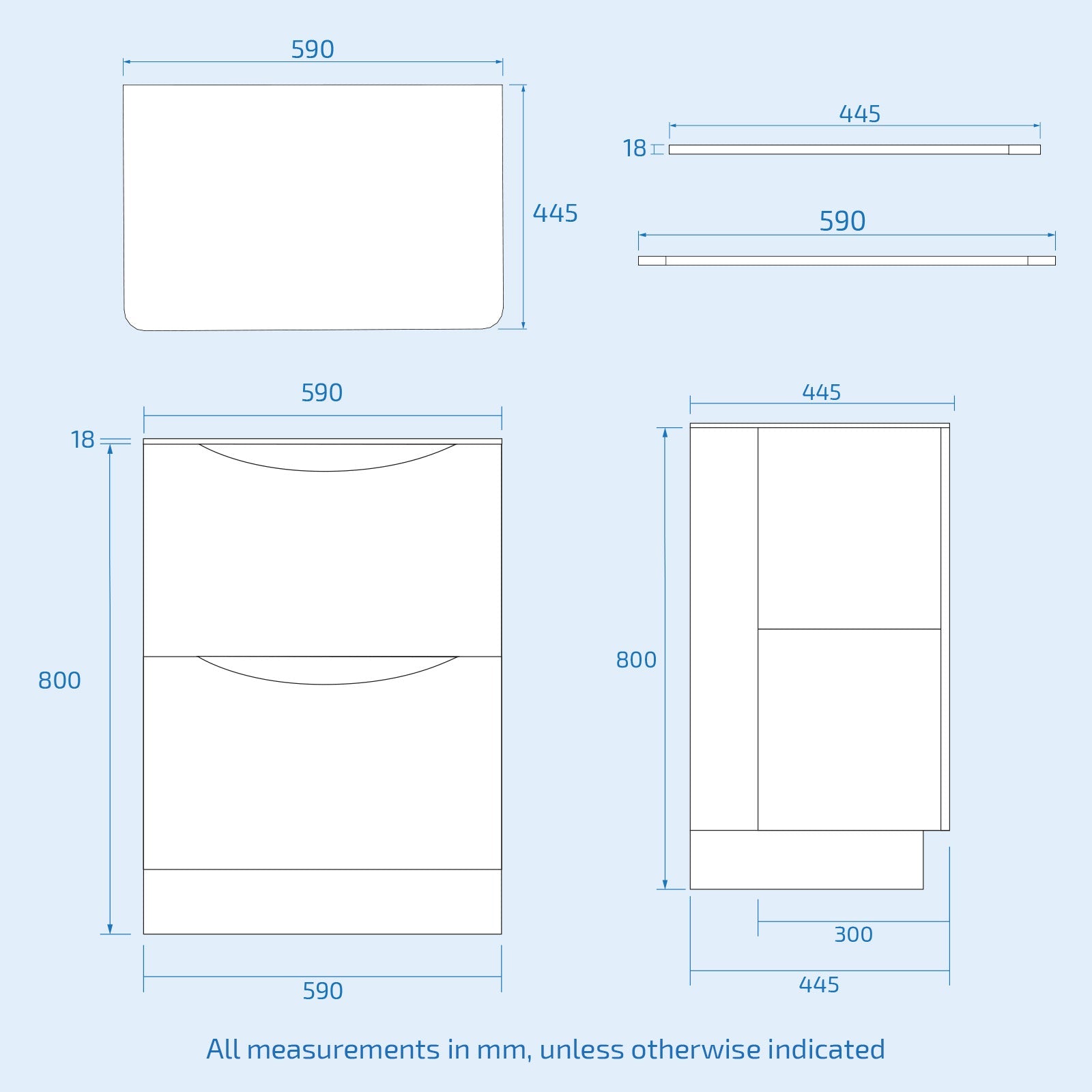 Dimensions of a bathroom vanity unit with measurements in millimeters.