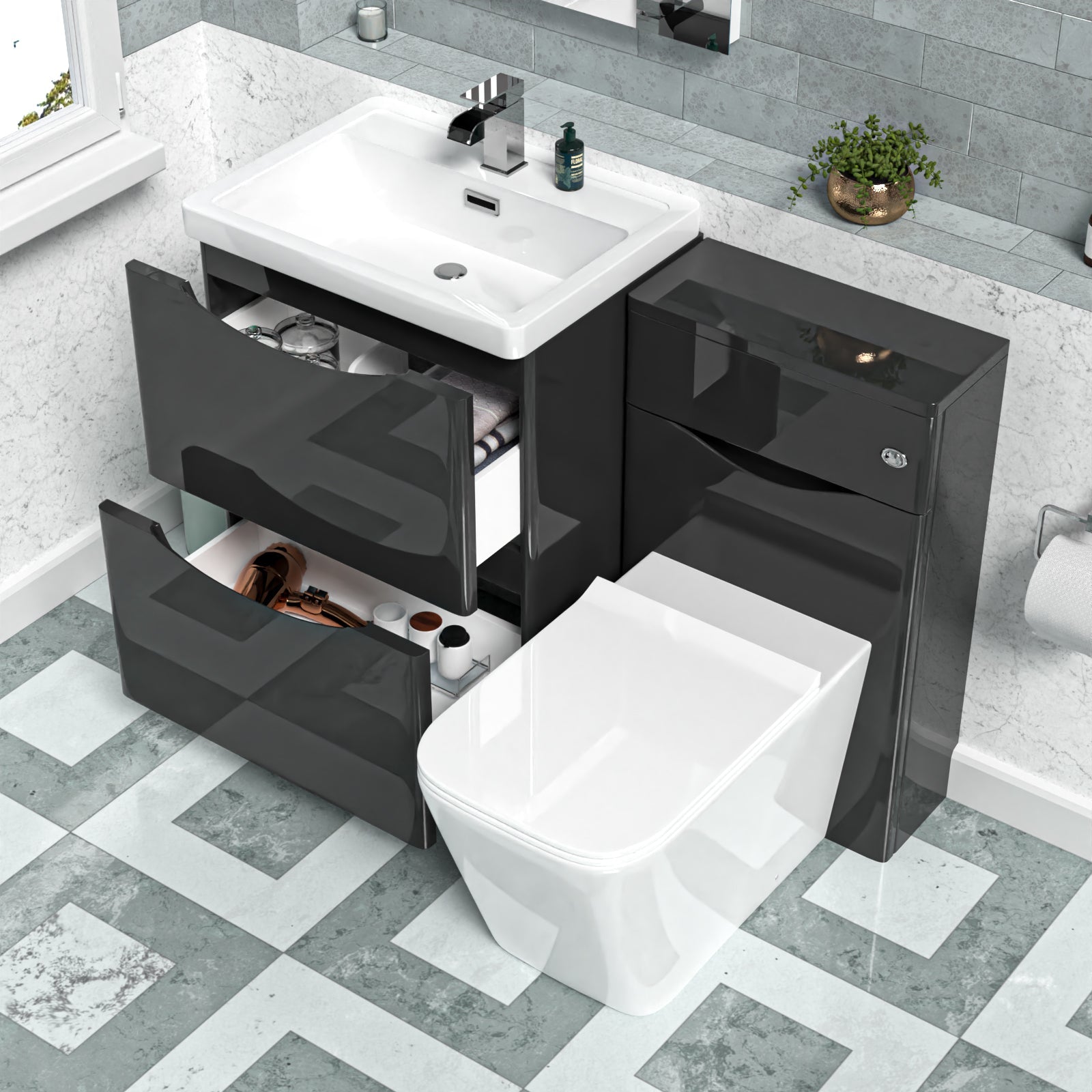 Merton Dark Grey 600mm Freestanding Basin Vanity WC Unit & Square BTW Toilet