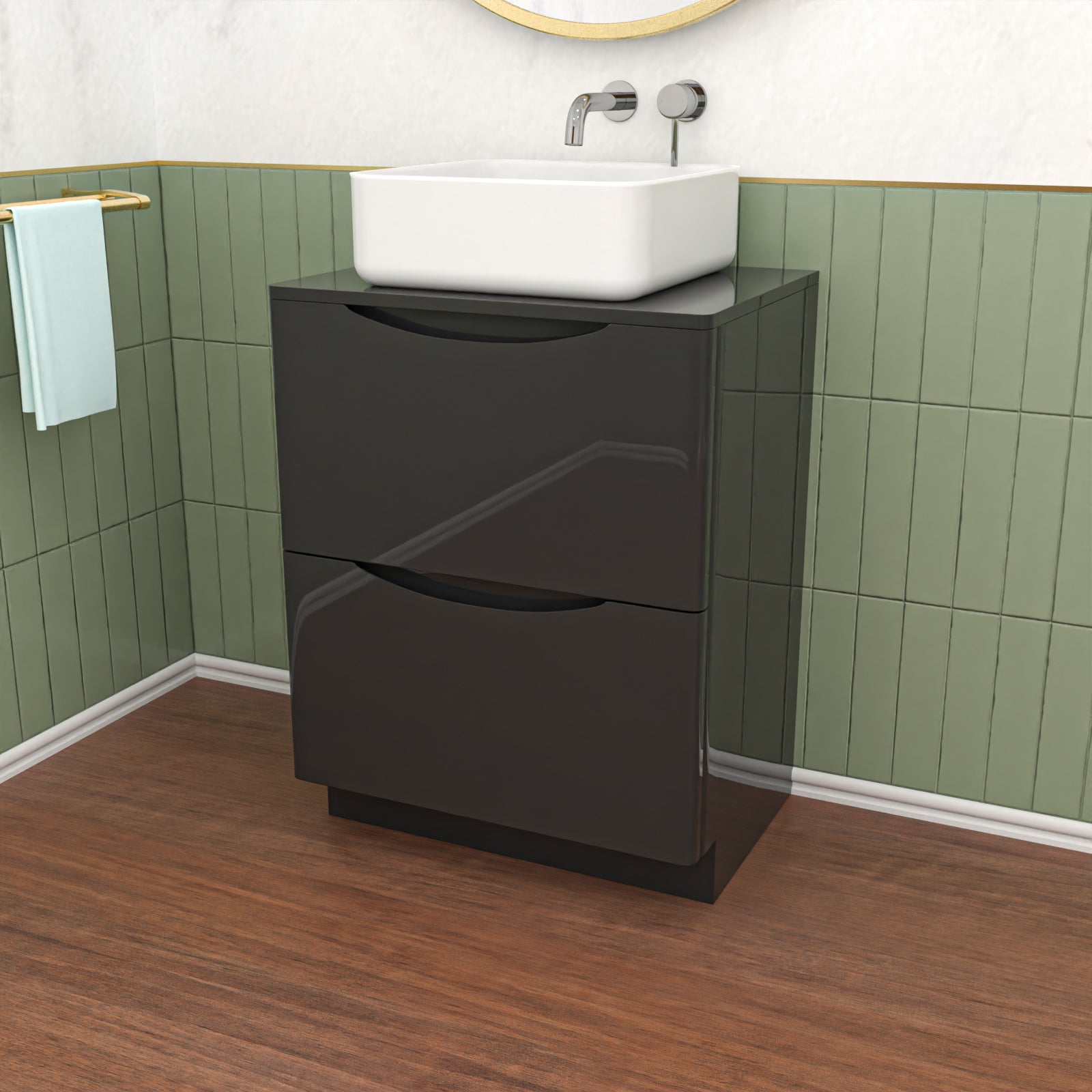 Merton Dark Grey 600mm 2 Drawer Work Top Freestanding Vanity Unit Bathroom