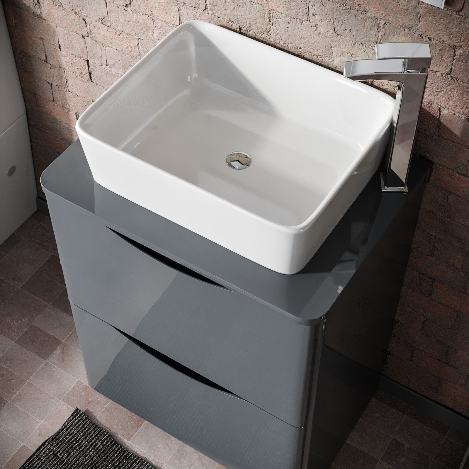 Merton Grey 600mm Bathroom Freestanding Vanity Unit With Square Ceramic Countertop 485mm Basin