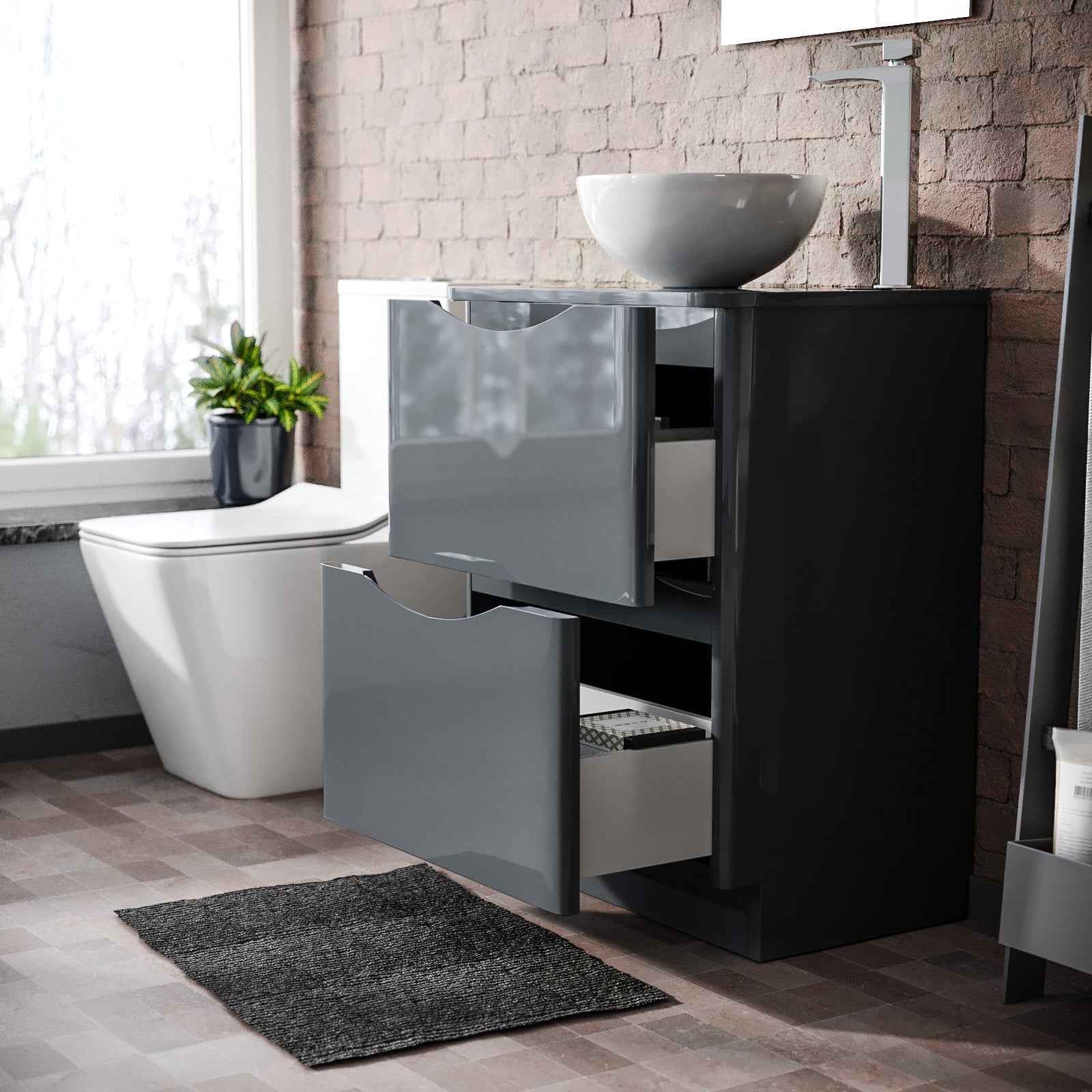 Merton Grey 600mm Bathroom Freestanding Vanity Unit With Round Ceramic Countertop 320mm Basin