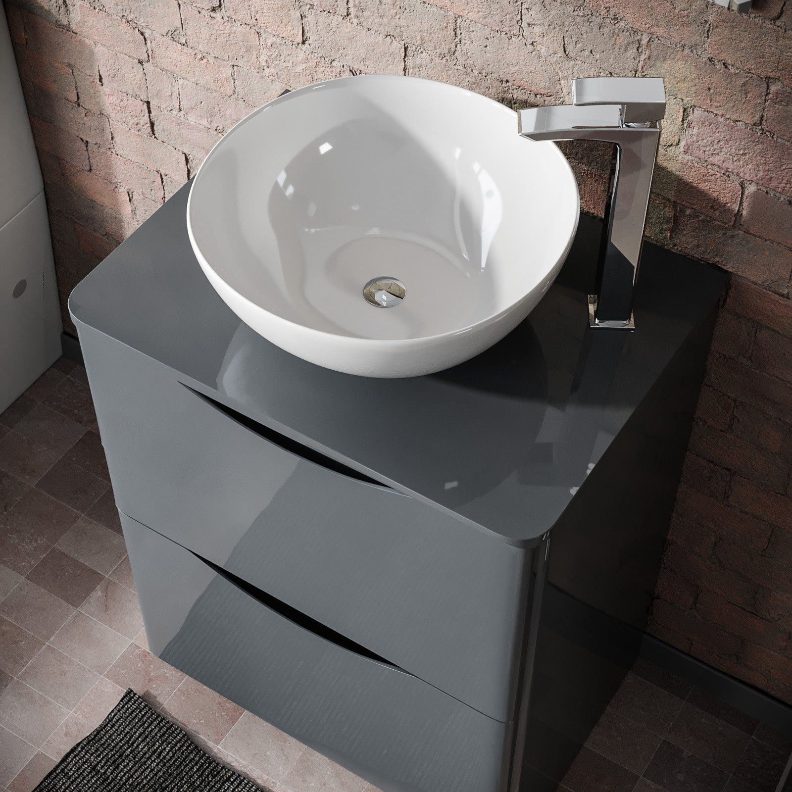 Merton Grey 600mm Bathroom Freestanding Vanity Unit With Round Ceramic Countertop 420mm Basin