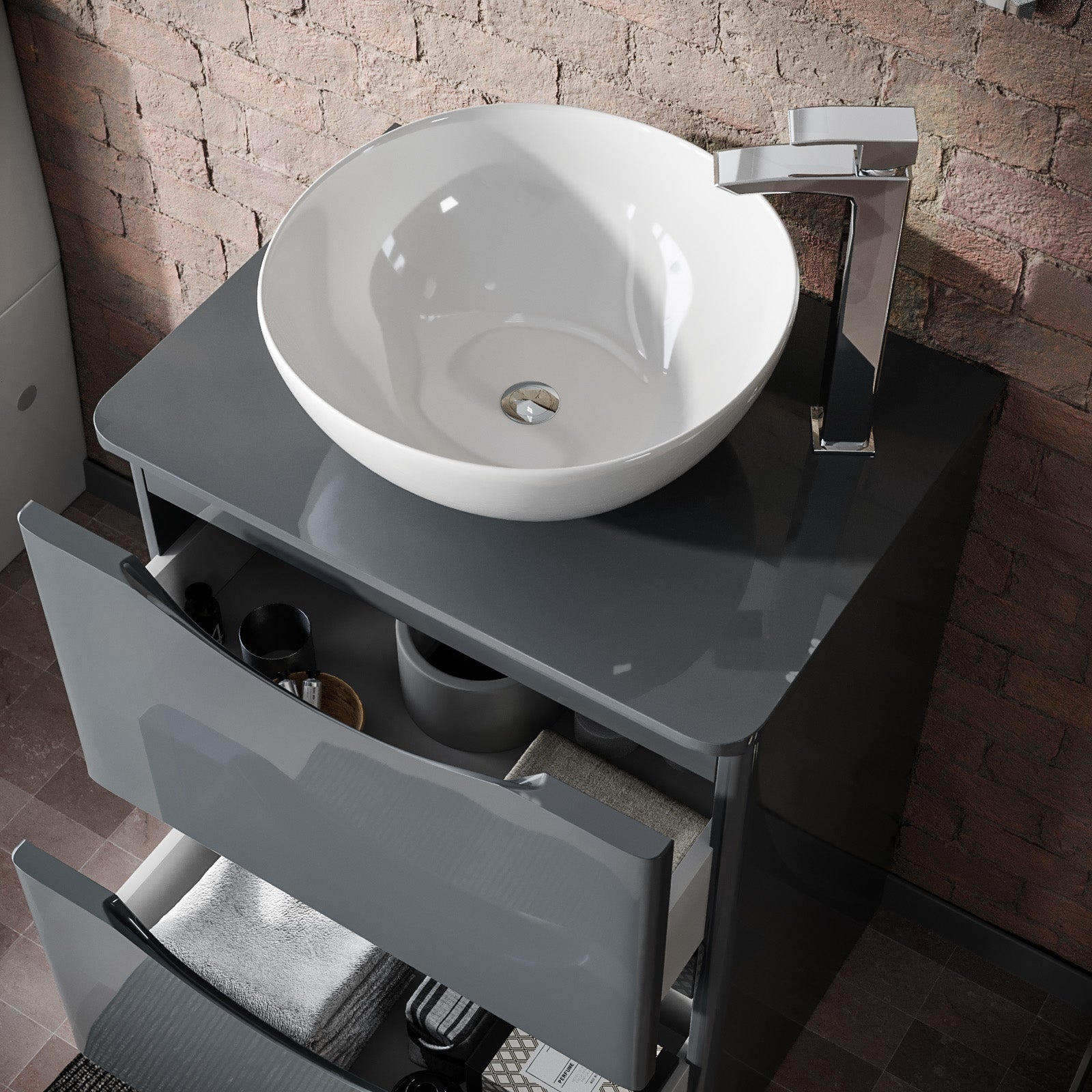 Merton Grey 600mm Bathroom Freestanding Vanity Unit With Round Ceramic Countertop 420mm Basin
