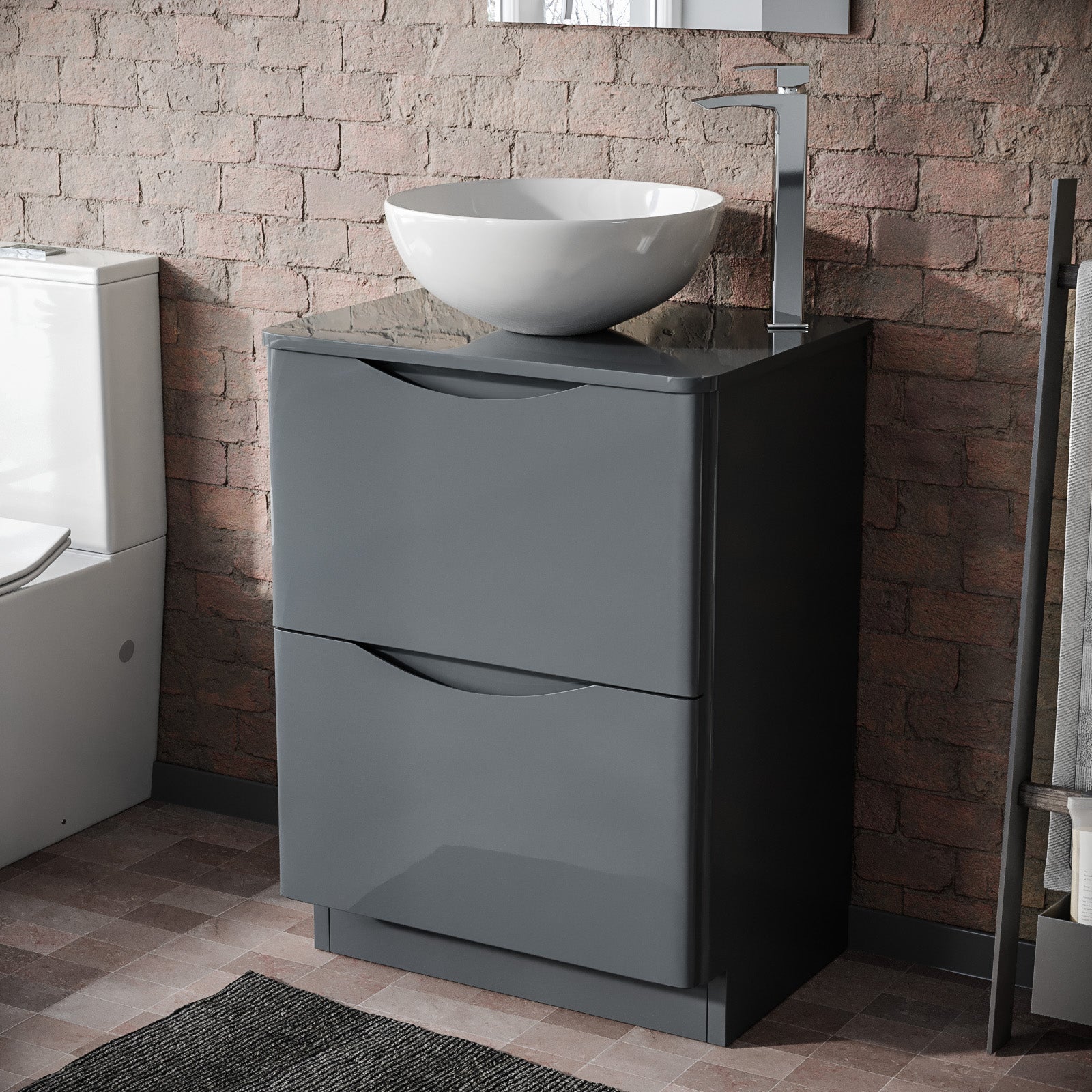 Merton Grey 600mm Bathroom Freestanding Vanity Unit With Round Ceramic Countertop 420mm Basin