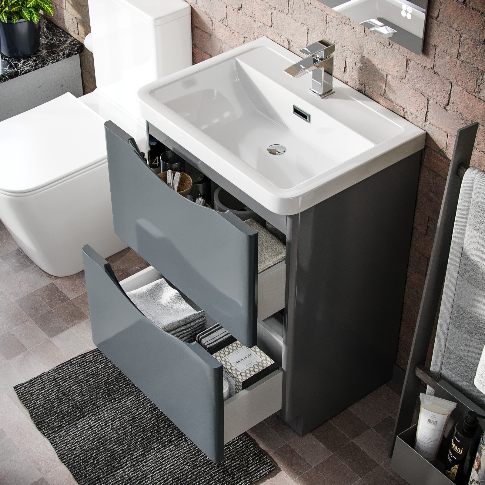 Merton 600mm Freestanding Flat Pack Vanity Basin Unit & Square Rimless Close Coupled Toilet Grey