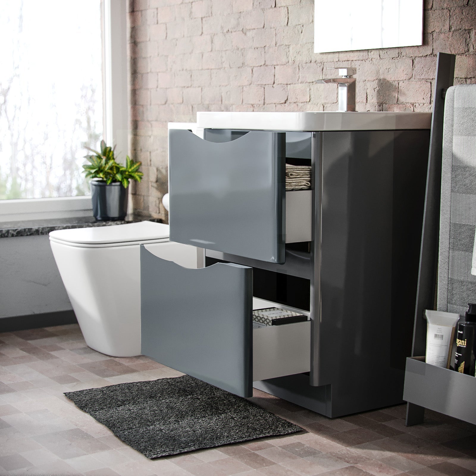 Merton 600mm Freestanding Flat Pack Vanity Basin Unit & Square Rimless Close Coupled Toilet Grey