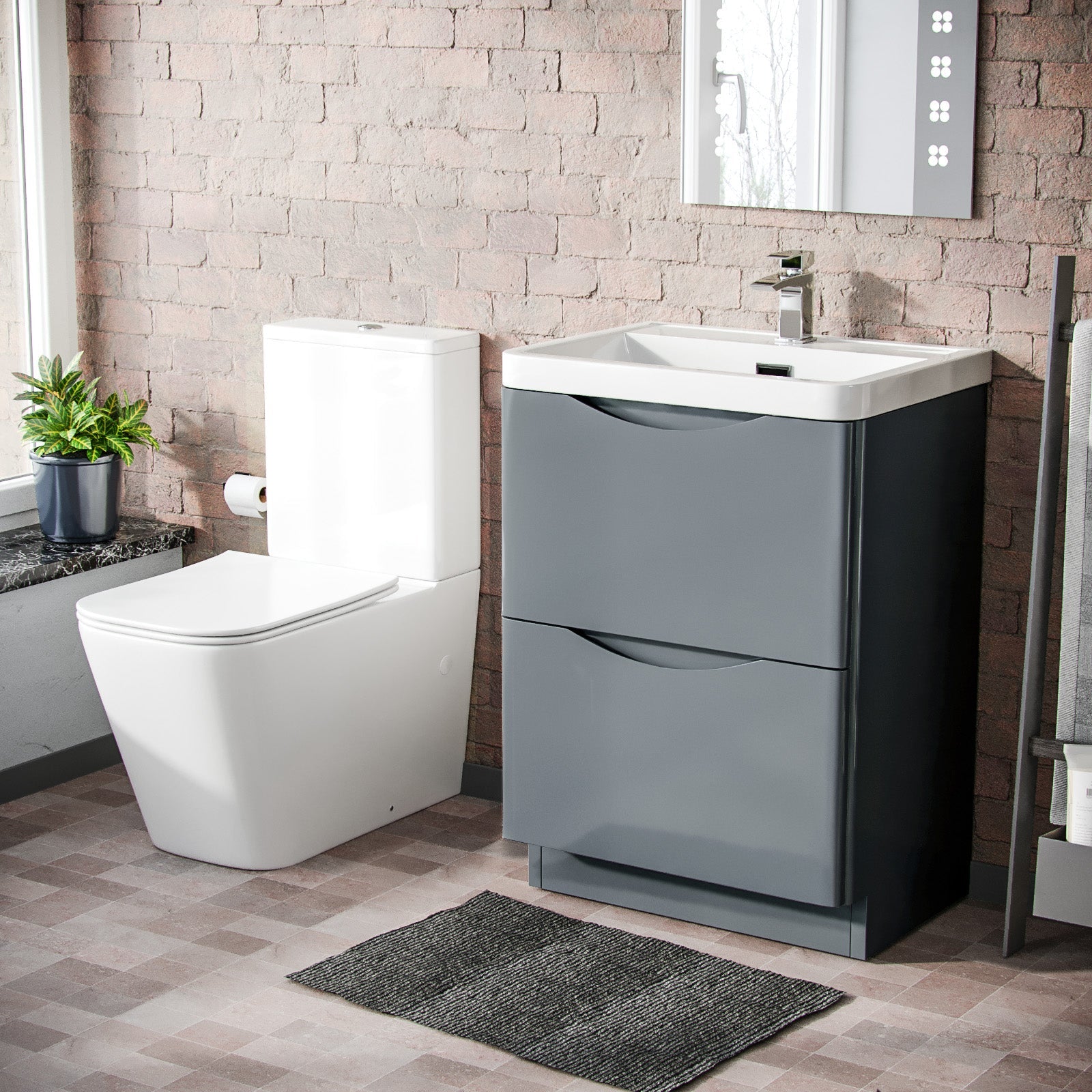 Merton 600mm Freestanding Flat Pack Vanity Basin Unit & Square Rimless Close Coupled Toilet Grey