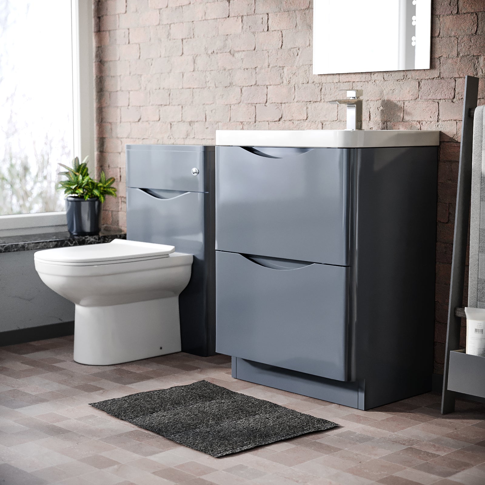 Merton Modern Grey 600mm Basin Sink Vanity and WC Back To Wall Toilet