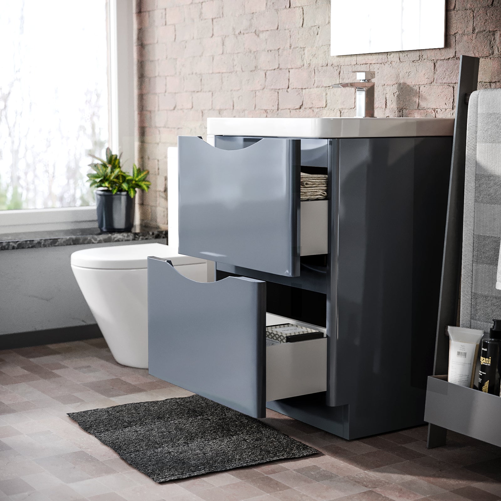 Merton Grey 600mm Basin Sink Vanity and Rimless Close Coupled Toilet