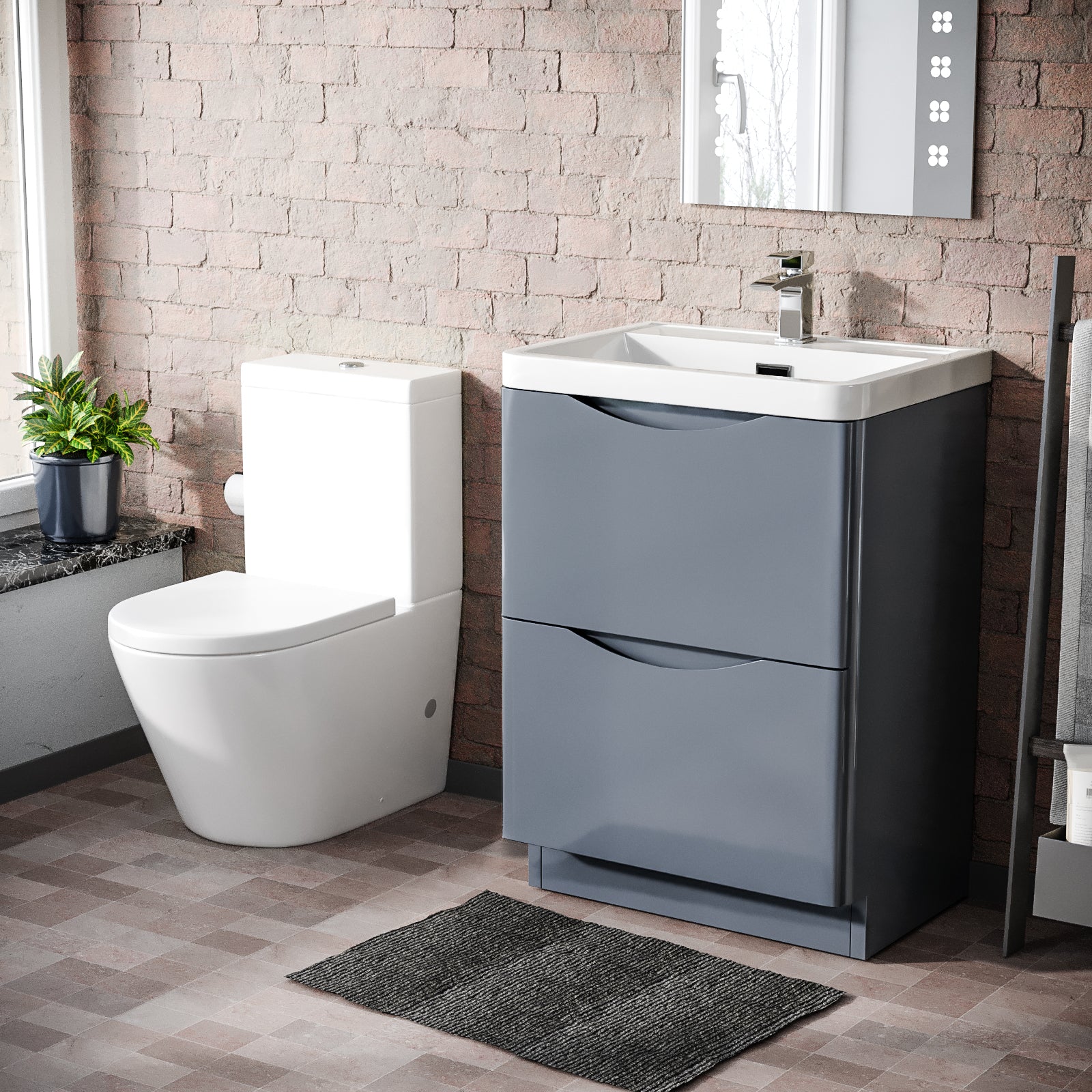 Merton Grey 600 mm Basin Sink Vanity and Rimless Close Coupled Toilet