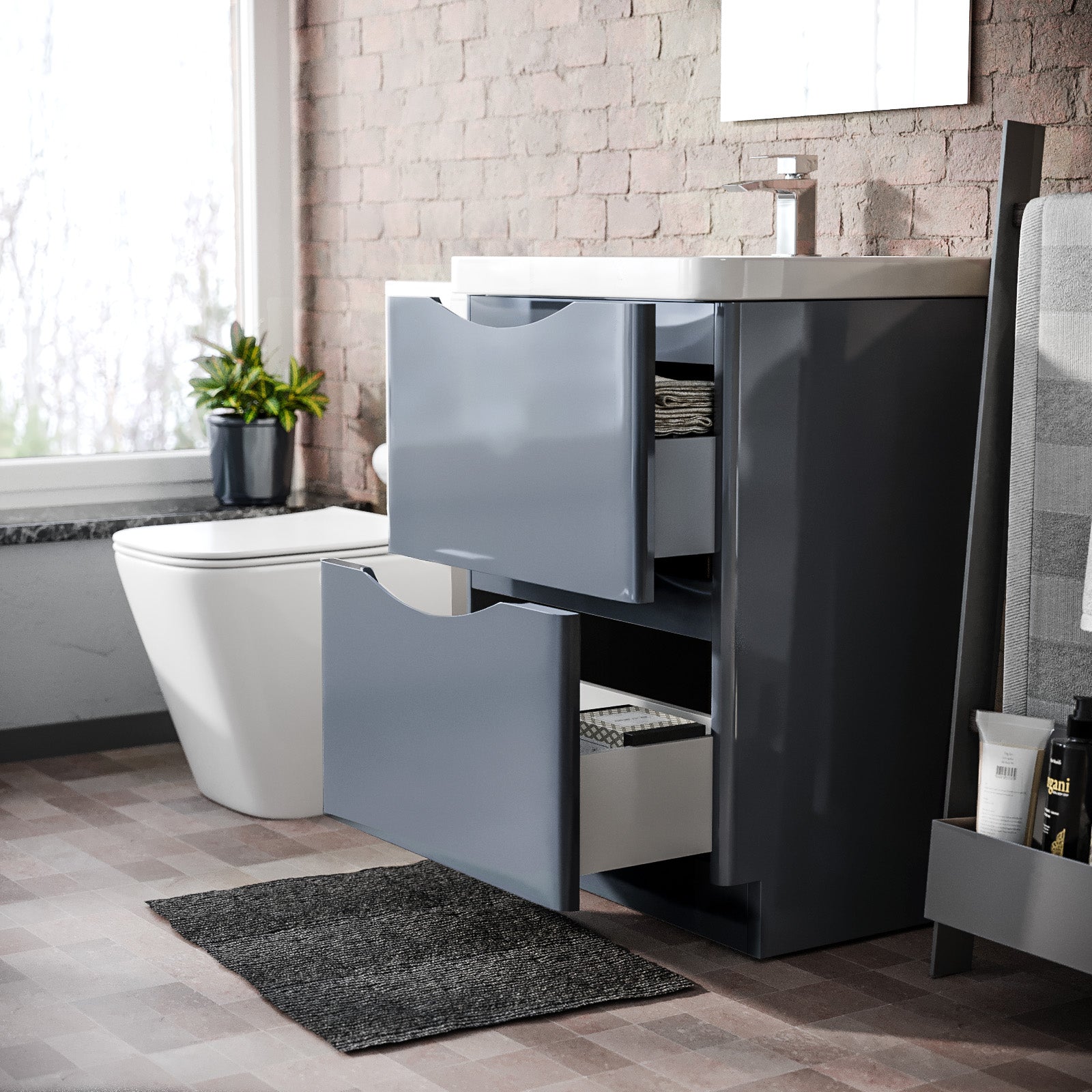 Merton Grey 600mm Freestanding Vanity Basin Unit & Square Rimless Close Coupled Toilet