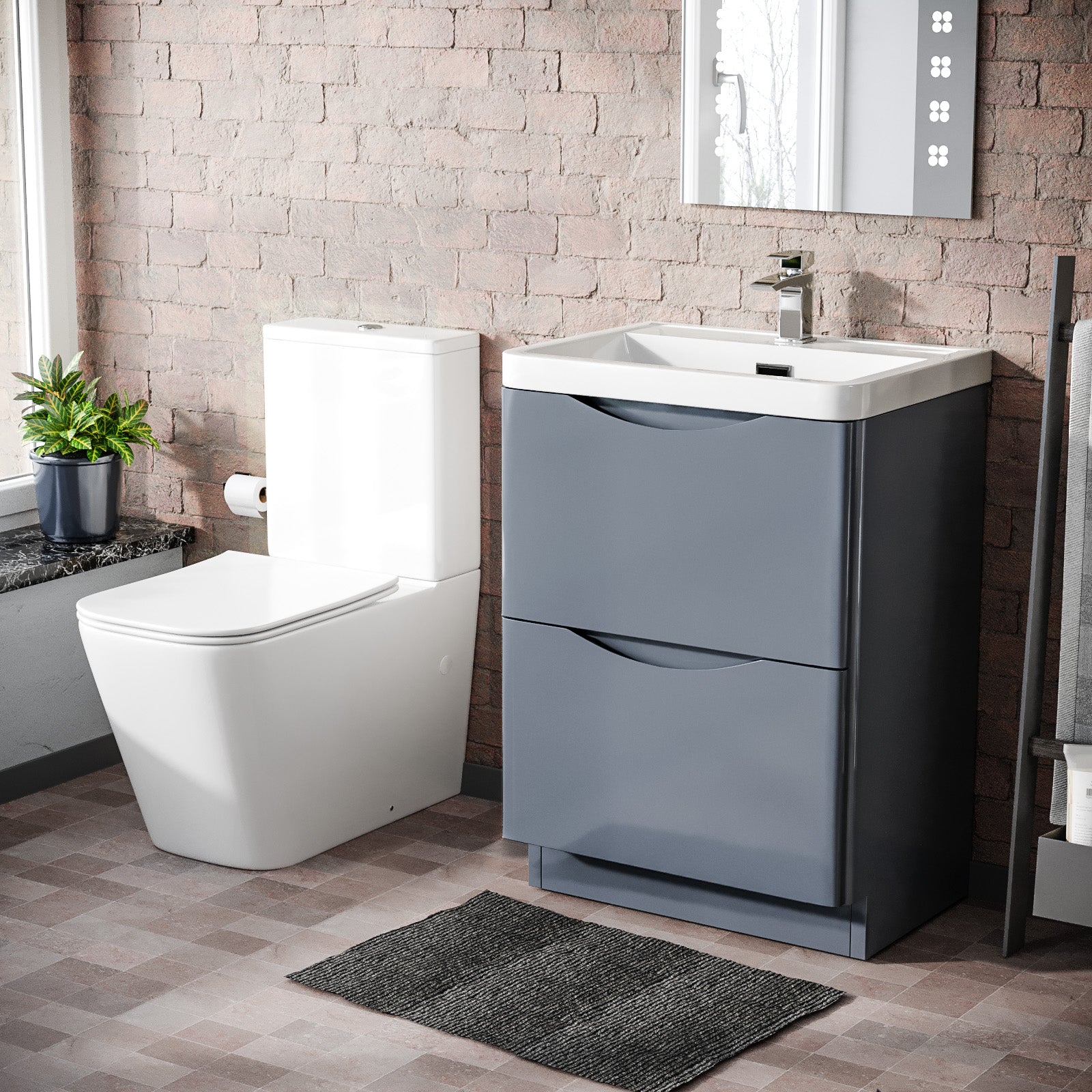 Merton Grey 600mm Freestanding Vanity Basin Unit & Square Rimless Close Coupled Toilet