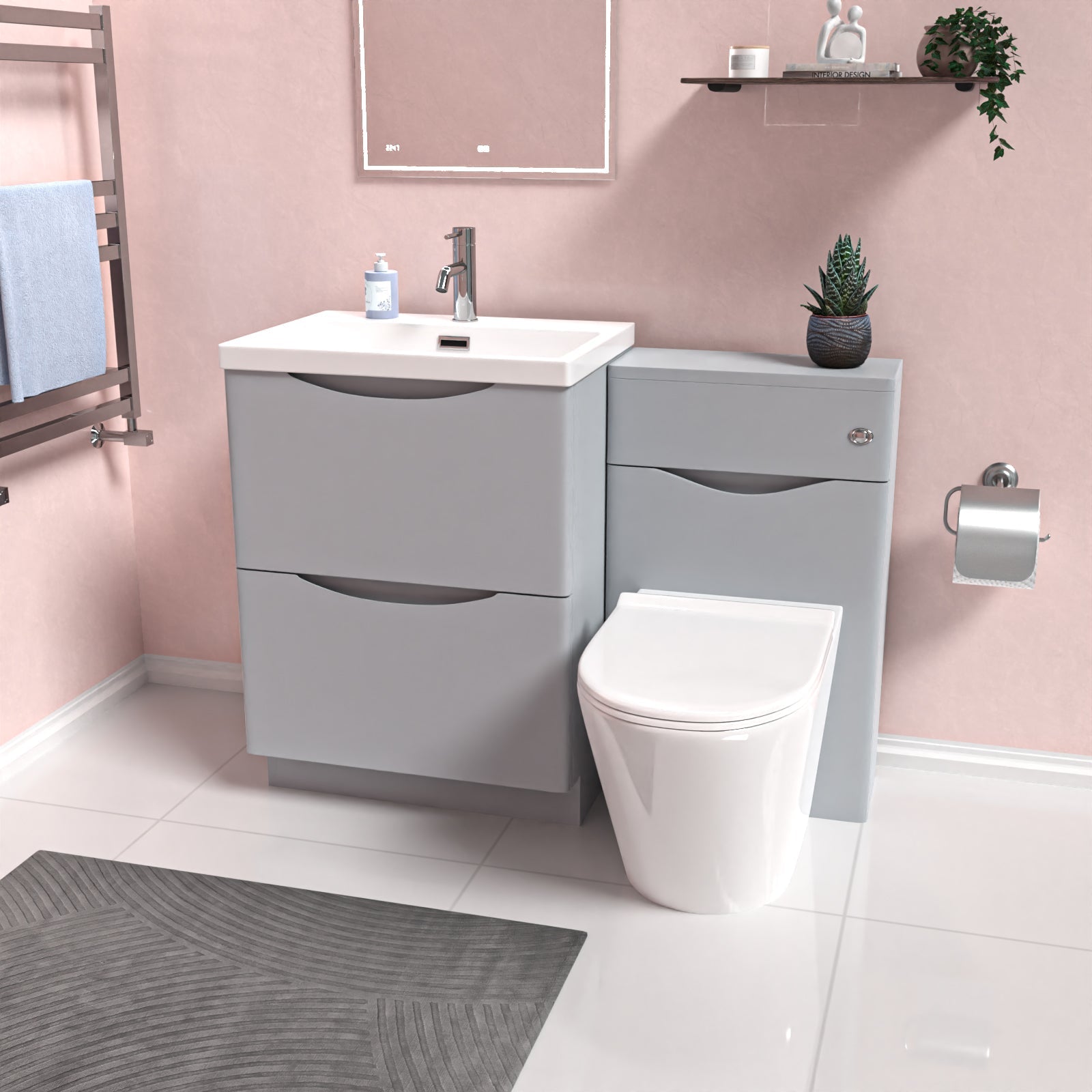 Merton 1100mm Freestanding Matte Grey Vanity Cabinet, WC & Rimless BTW Toilet