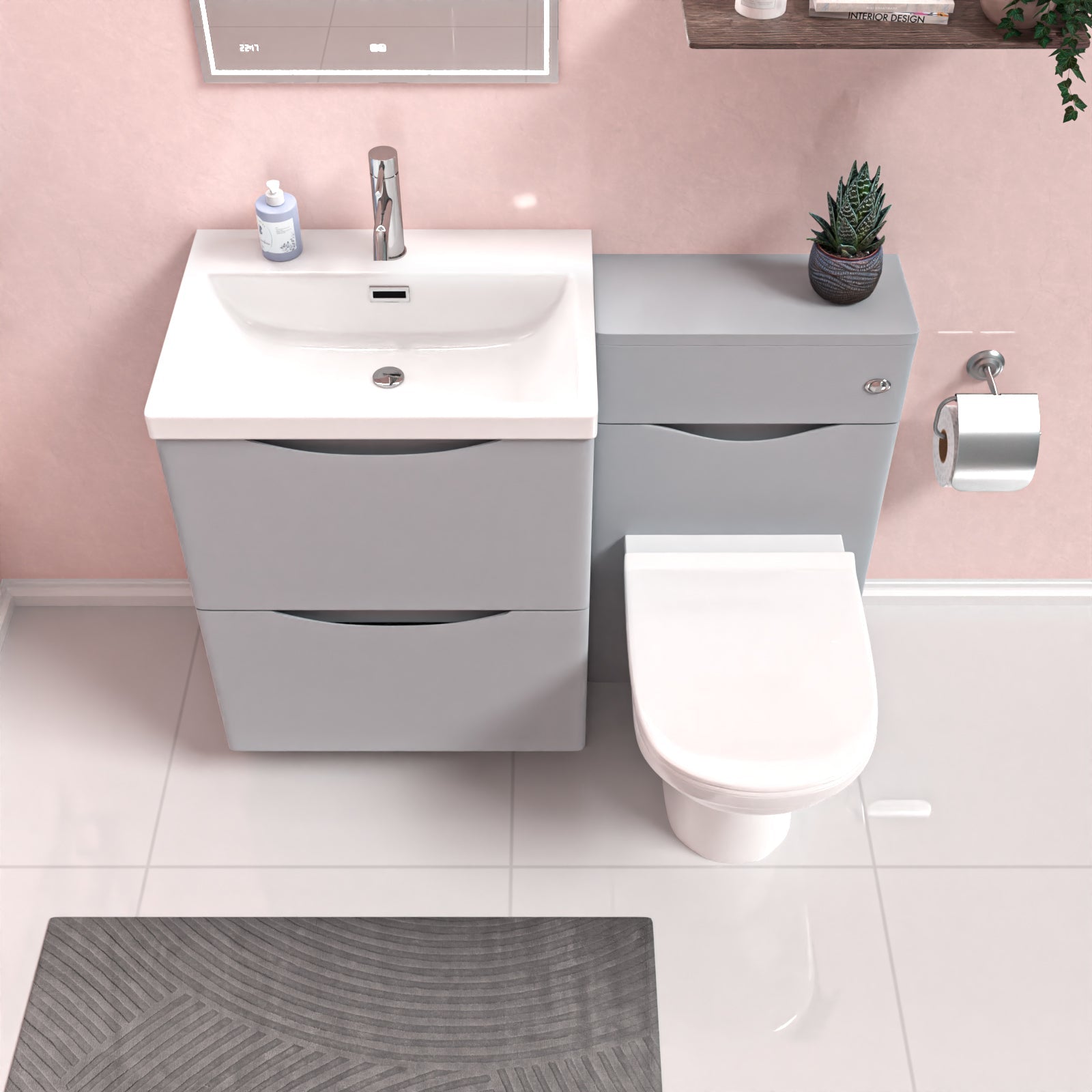 Merton 1100mm Freestanding Matte Grey Vanity Cabinet, WC & Round BTW Toilet