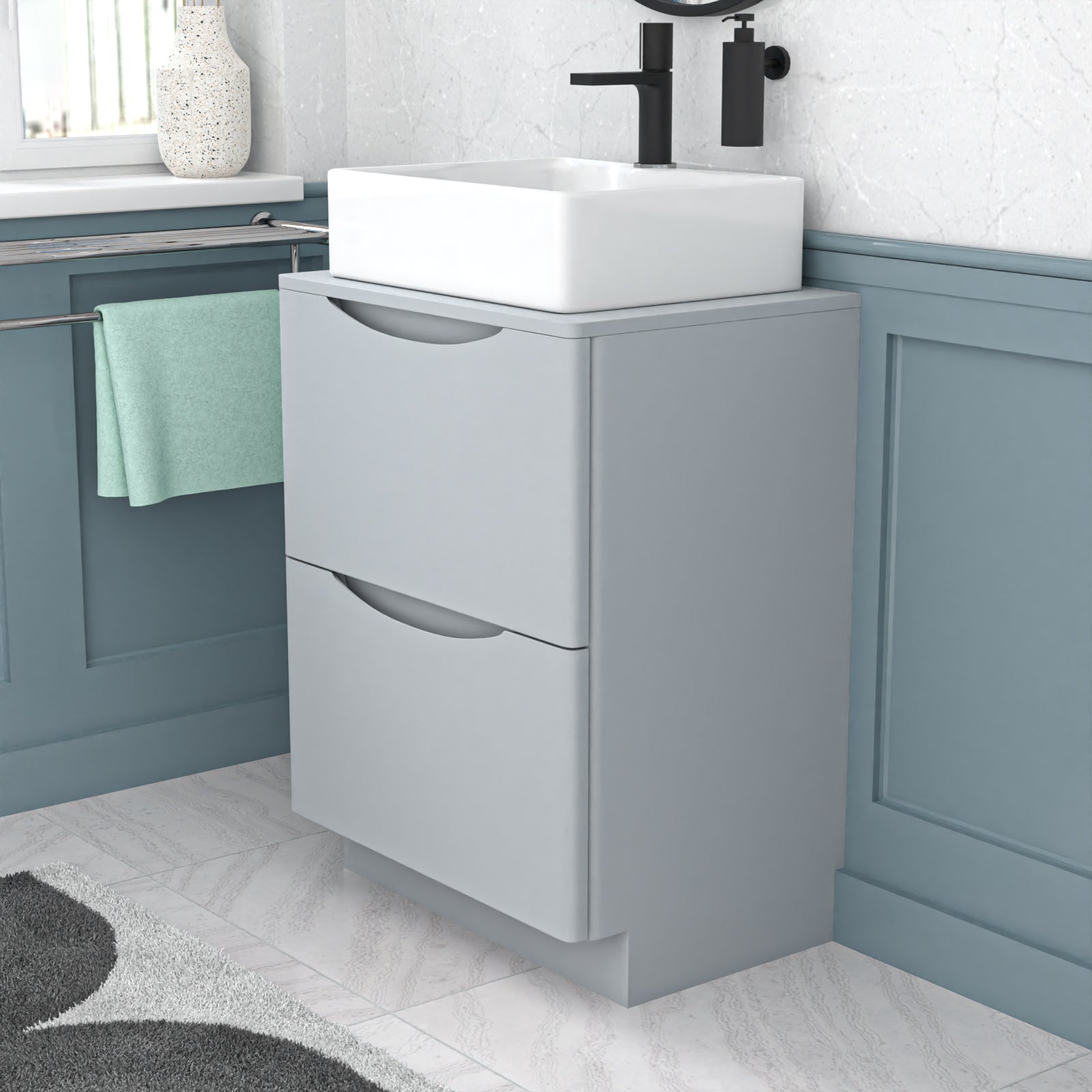 Merton 600mm Matte Grey Freestanding Vanity Unit With Square Basin Tap Hole