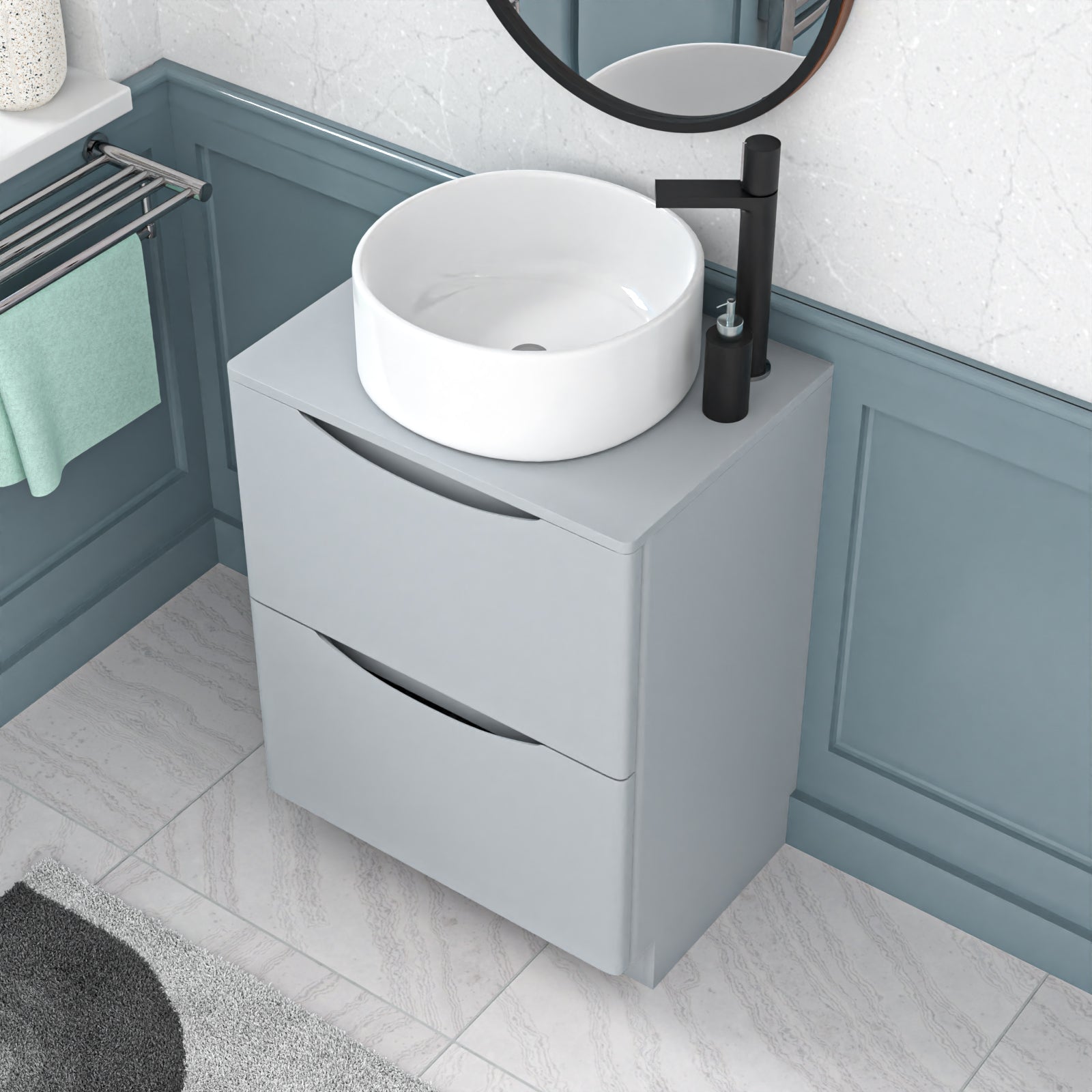 Merton 600mm Freestanding Matte Grey Vanity Unit Round Basin