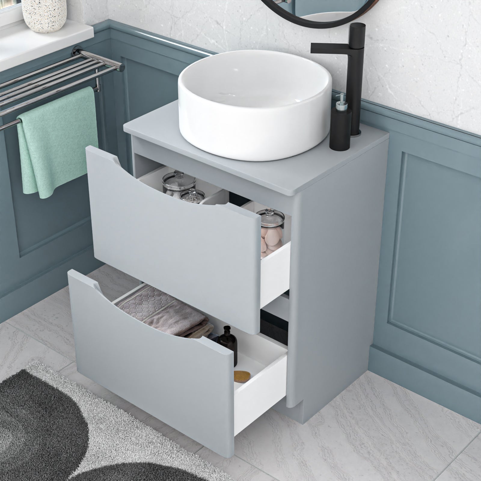 Merton 600mm Freestanding Matte Grey Vanity Unit Round Basin