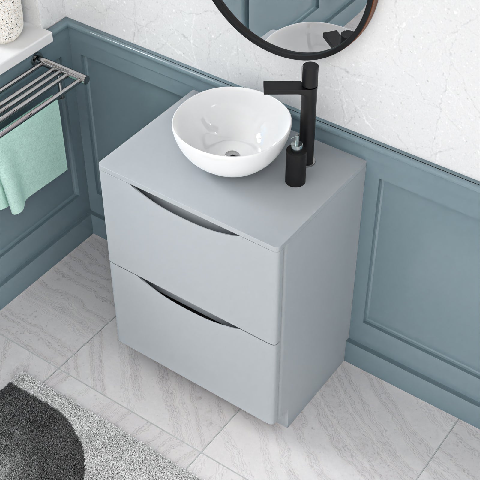 Merton 600mm Freestanding Matte Grey Vanity Unit Round Bowl Basin
