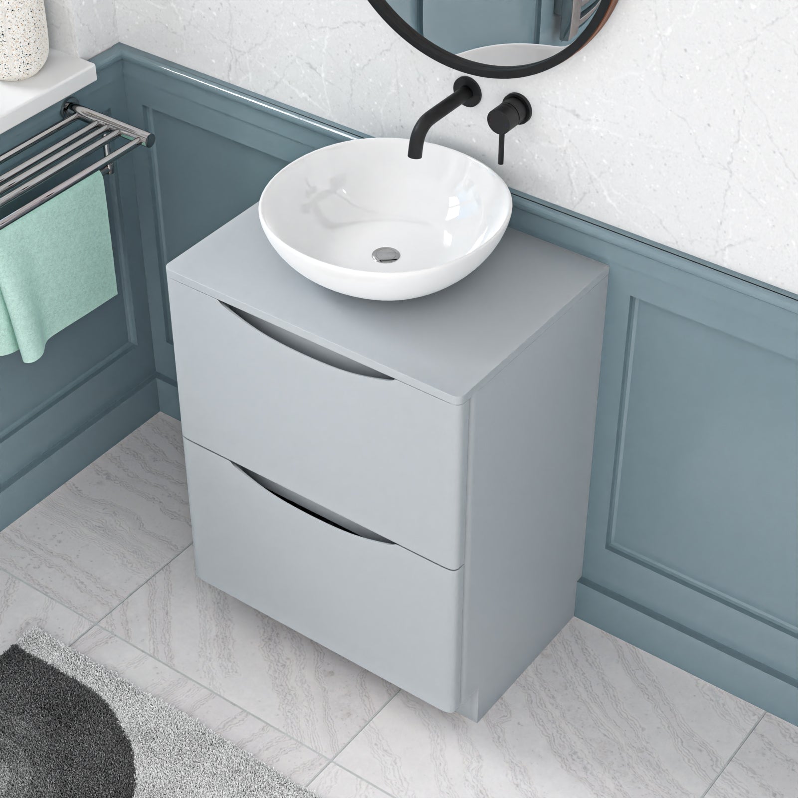 Merton 600mm Freestanding Matte Grey Vanity Unit Ceramic Round Basin