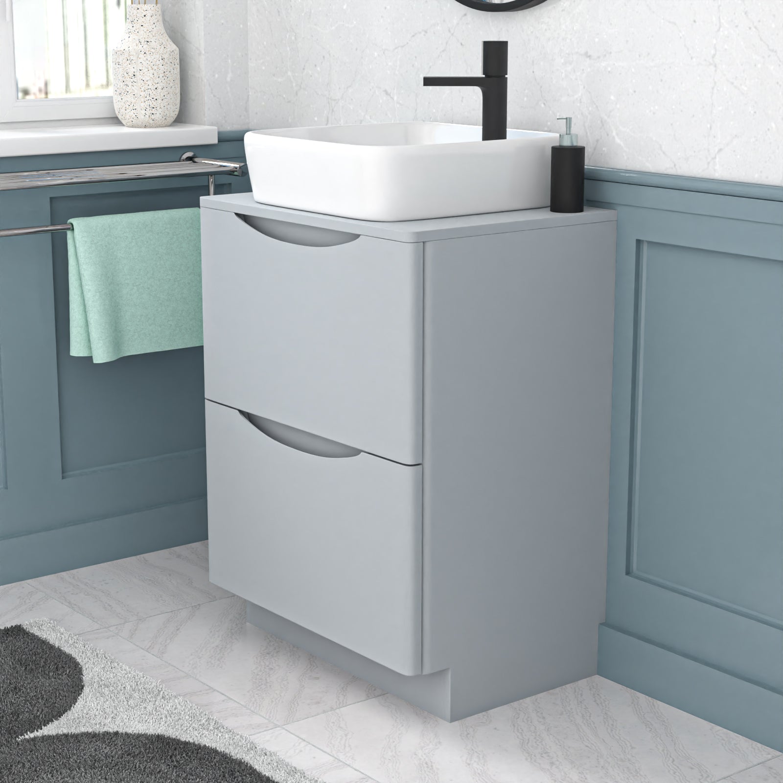Merton 600mm Freestanding Matte Grey Vanity Unit Ceramic Rounded Corner Basin