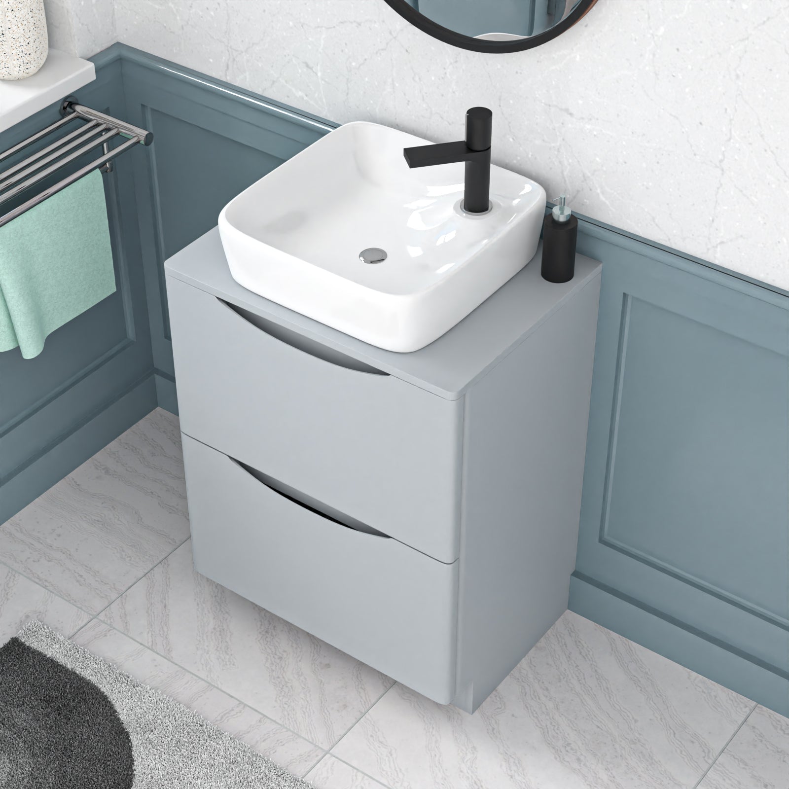 Merton 600mm Freestanding Matte Grey Vanity Unit Ceramic Rounded Corner Basin