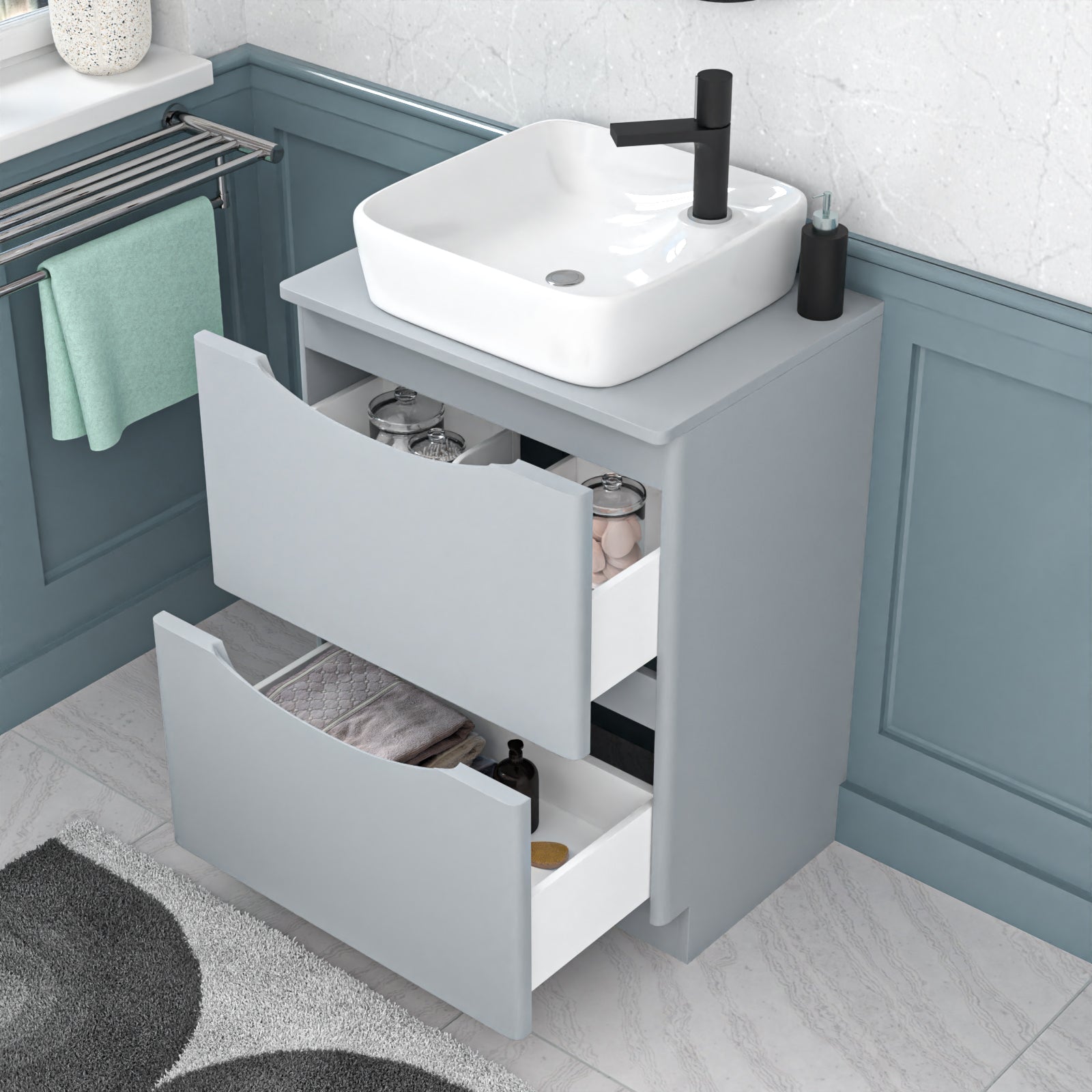 Merton 600mm Freestanding Matte Grey Vanity Unit Ceramic Rounded Corner Basin