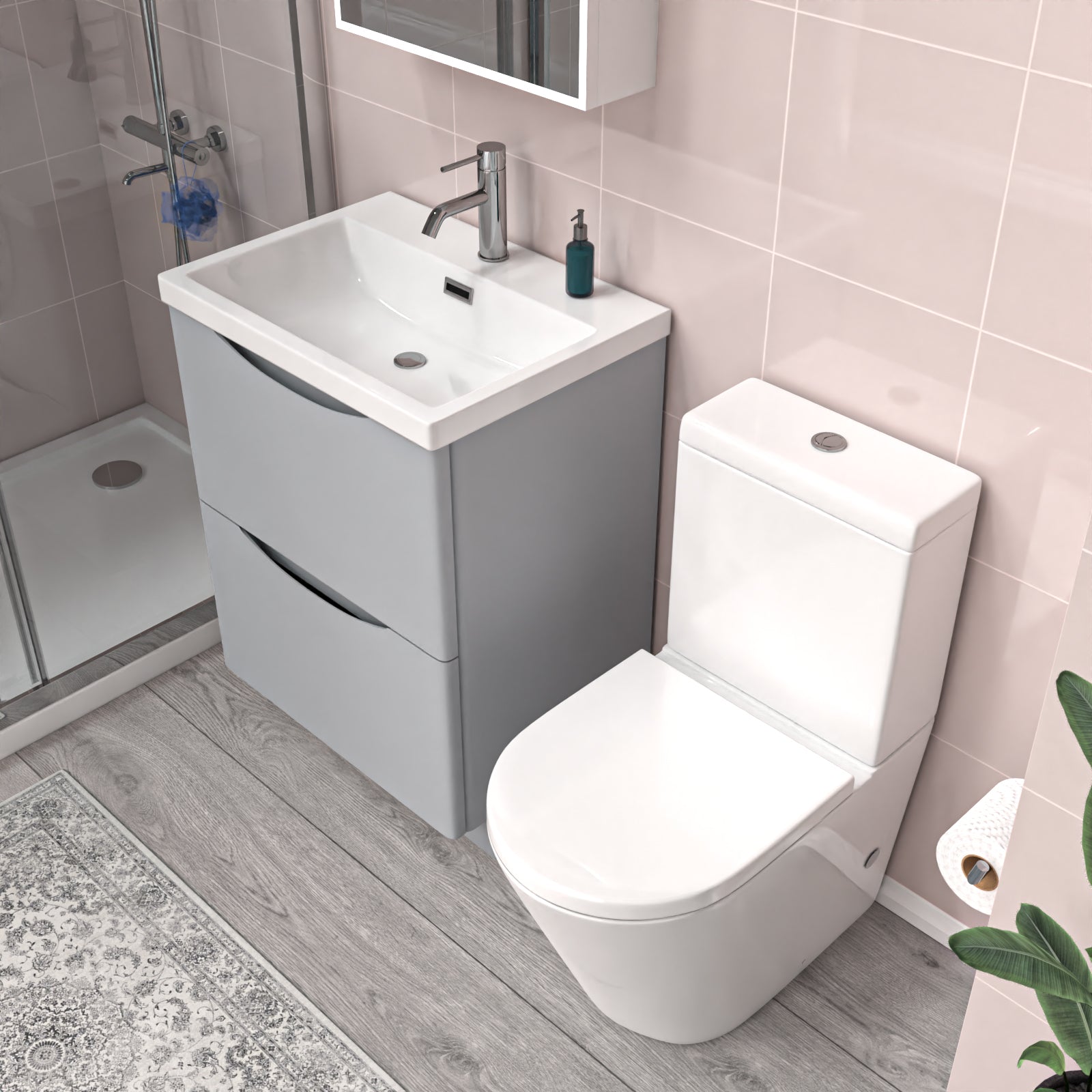 Merton Matte Grey 600mm Basin Vanity Unit and Rimless Close Coupled Toilet