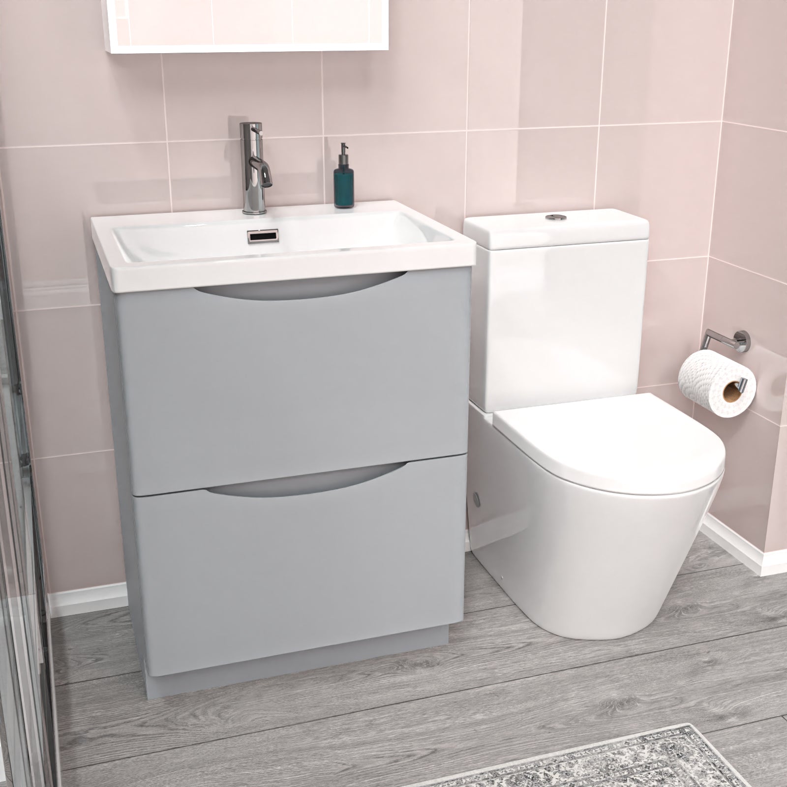 Merton Matte Grey 600mm Basin Vanity Unit and Rimless Close Coupled Toilet