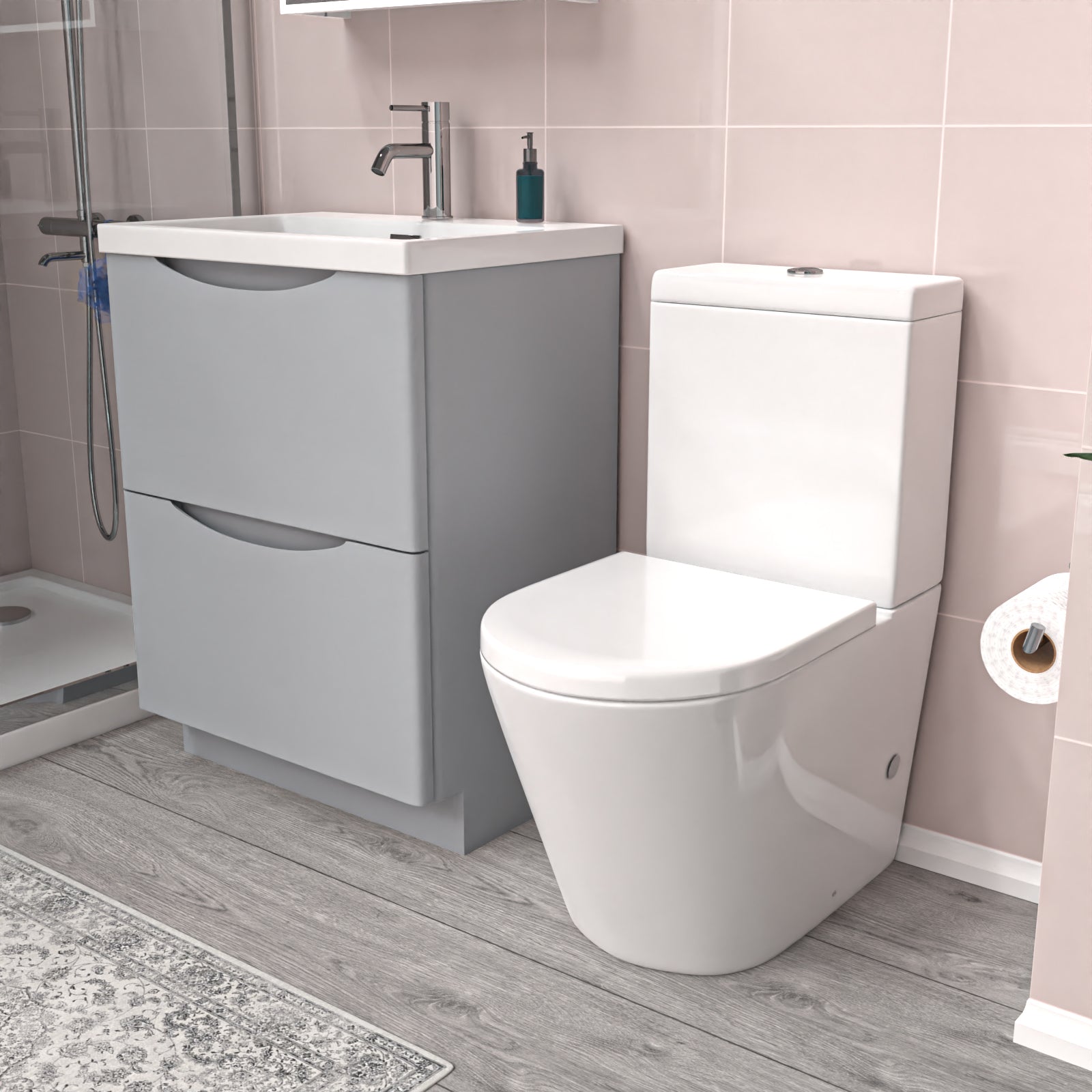 Merton Matte Grey 600mm Basin Vanity Unit and Rimless Close Coupled Toilet