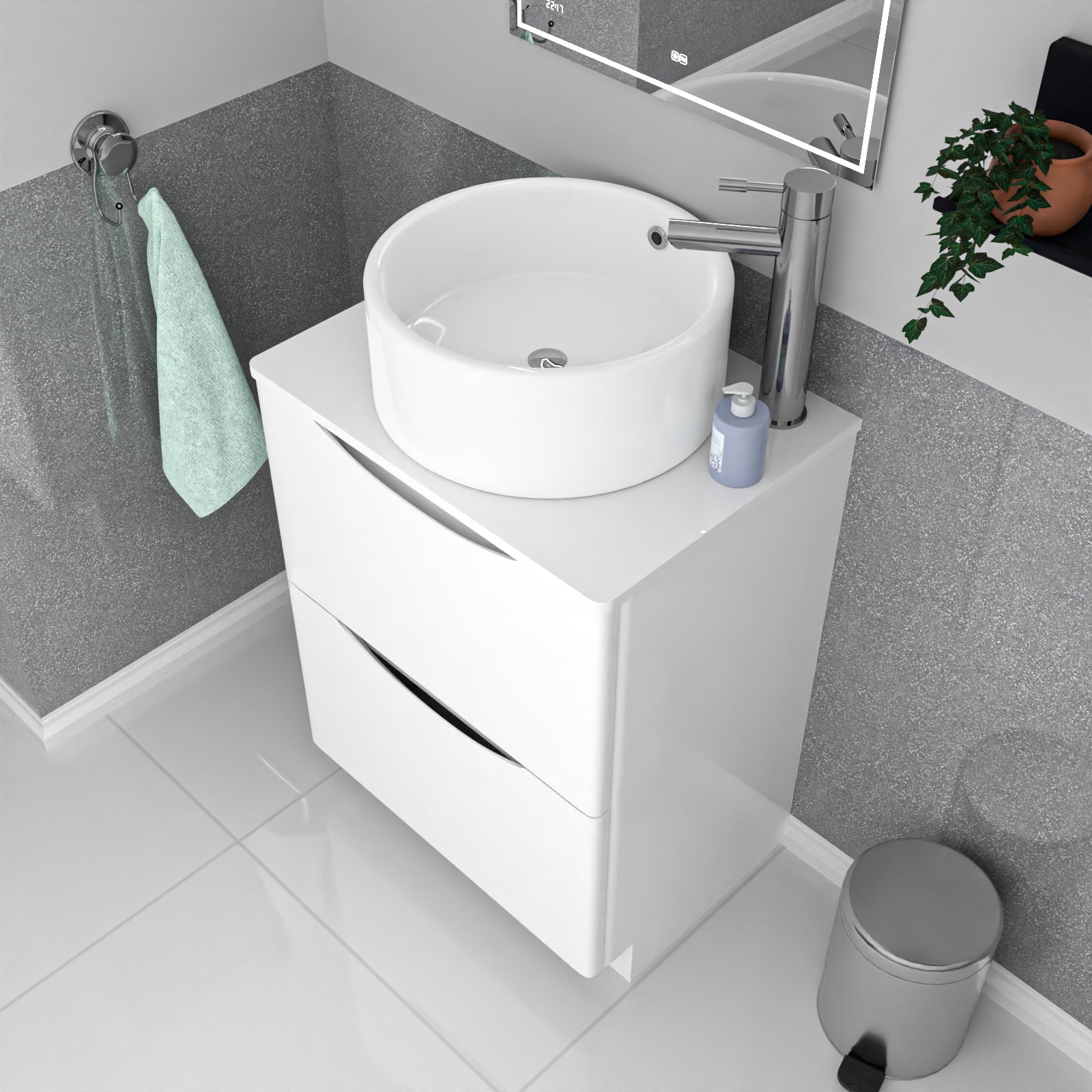 Merton 600mm White Freestanding Vanity Unit, Worktop With Round Bowl Basin