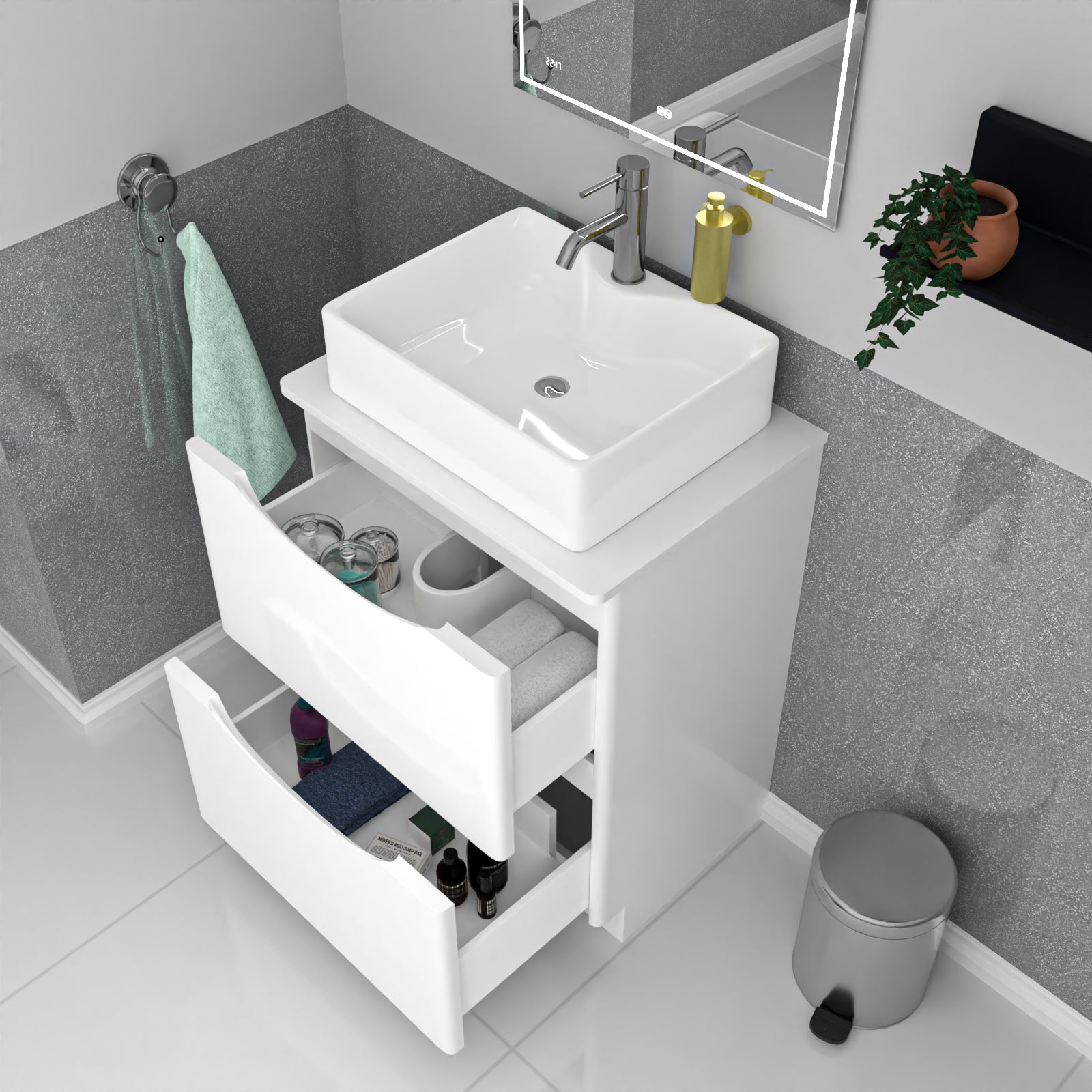 Merton 600mm White Freestanding Vanity Unit, Worktop With Square Bowl Basin