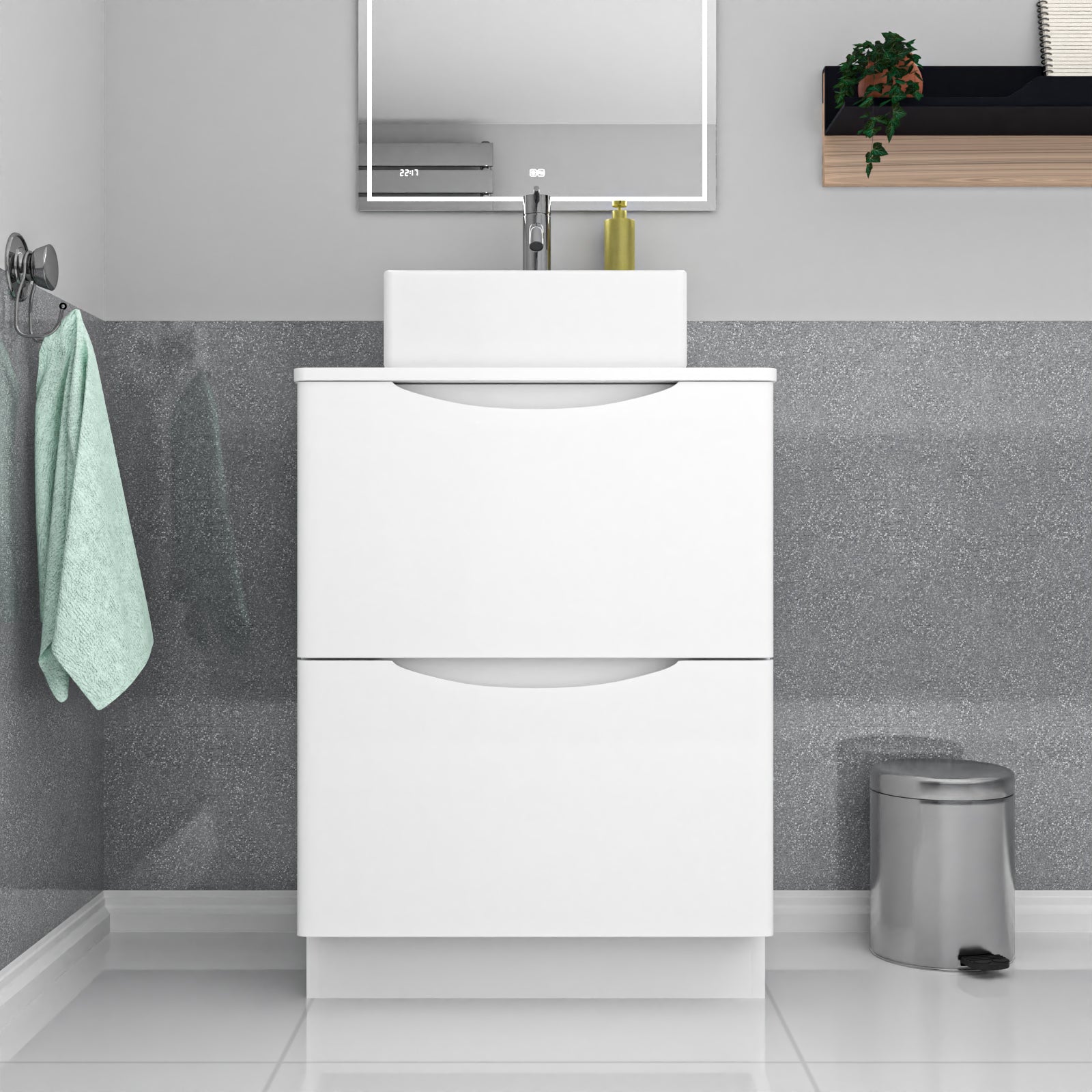 Merton 600mm White Freestanding 2 Drawers Vanity & Worktop With Square Basin