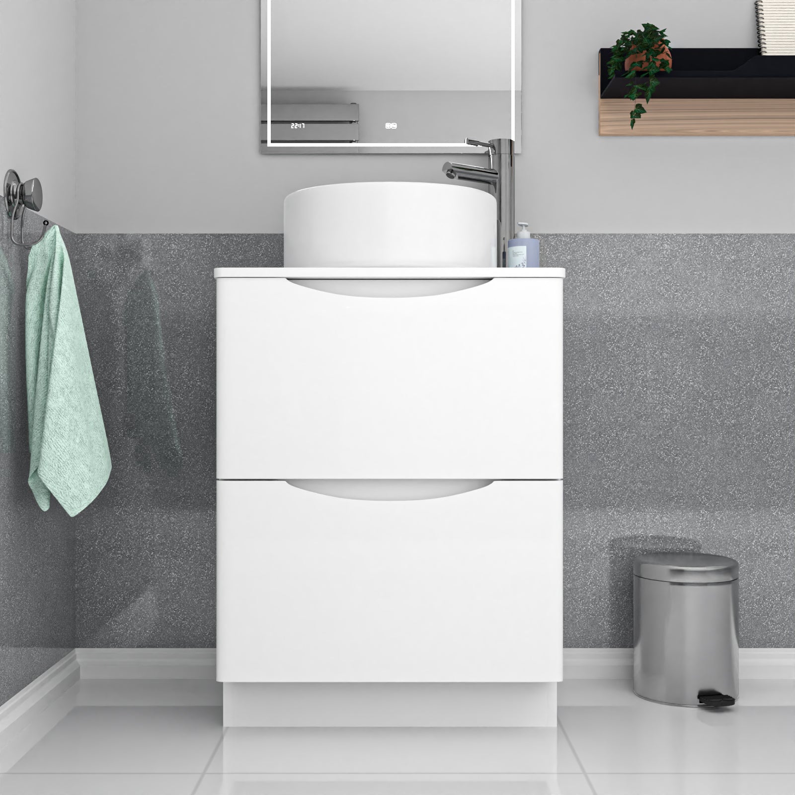 Merton 600mm White Freestanding 2 Drawers Vanity & Worktop With Round Basin