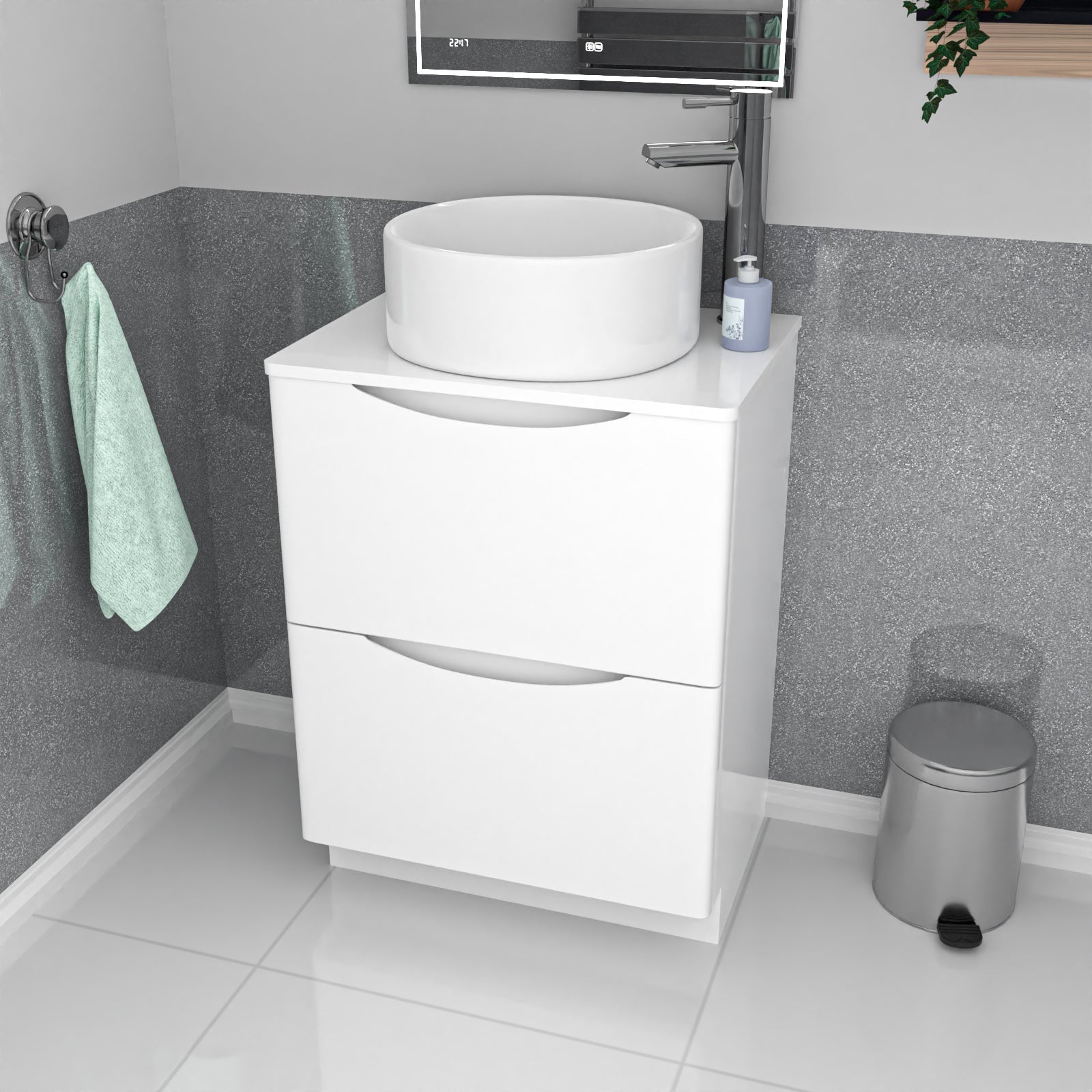 Merton 600mm White Freestanding 2 Drawers Vanity & Worktop With Round Basin