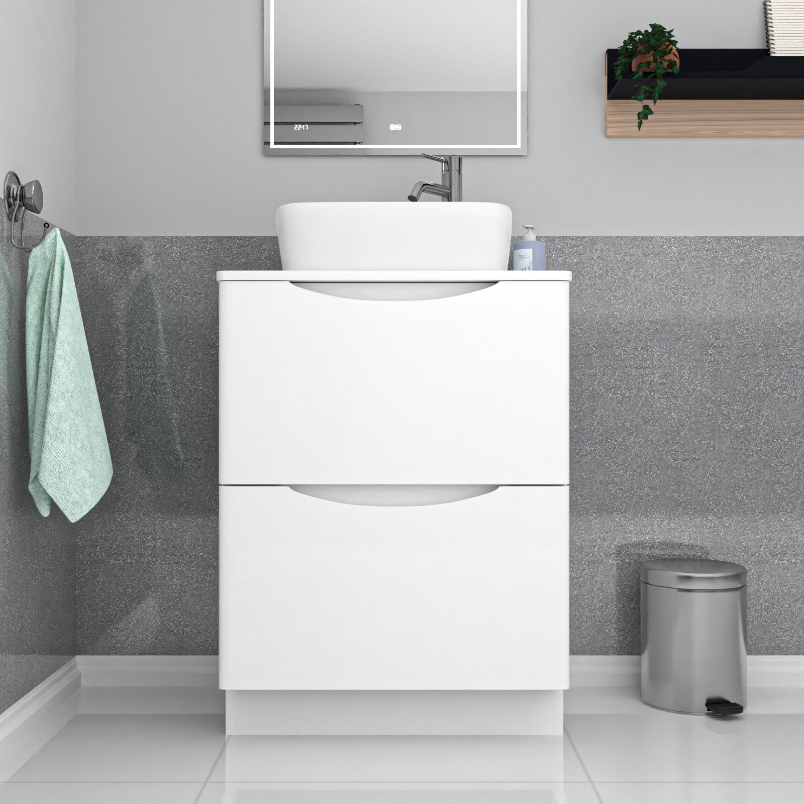 Merton 600mm White Drawers Vanity, Worktop & Square Shape Rounded Corner Basin