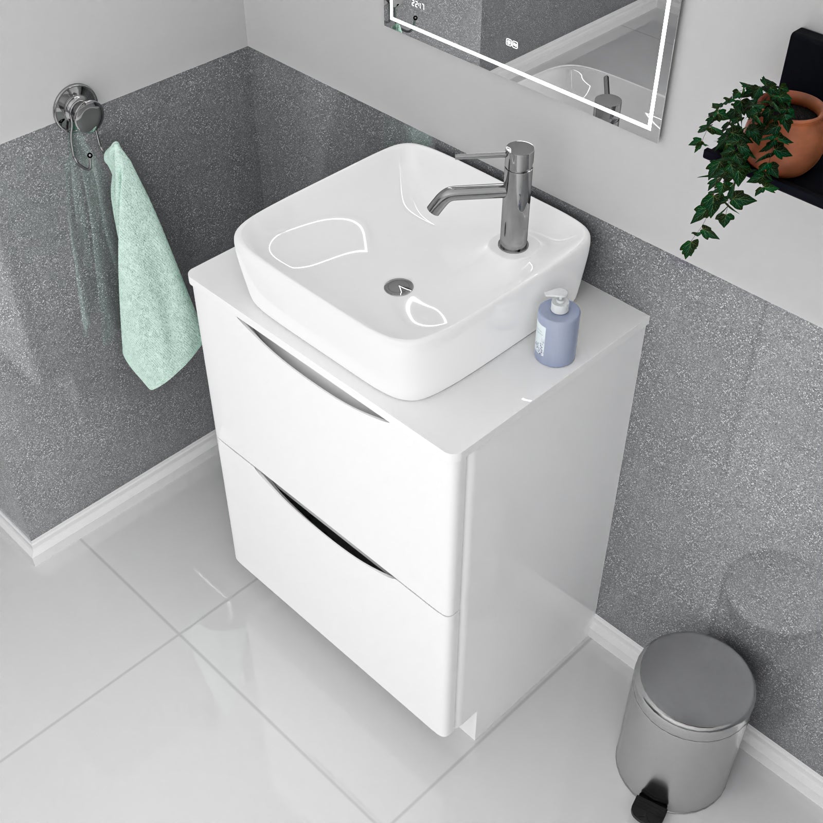 Merton 600mm White Drawers Vanity, Worktop & Square Shape Rounded Corner Basin